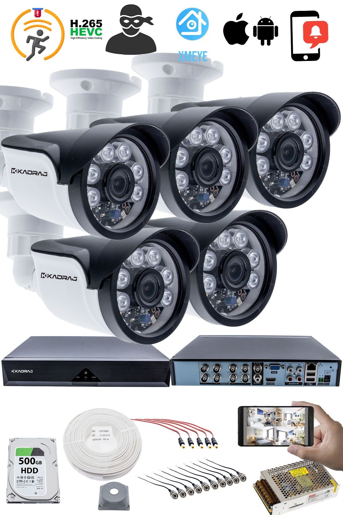 Kadraj 5 Kameralı 5MP Sony SecuLensli 1080p Full HD AHD Güvenlik Kamerası Seti, 6 Atom LED, Gece Görüşlü, IP66 Plastik Kasa - görsel 2