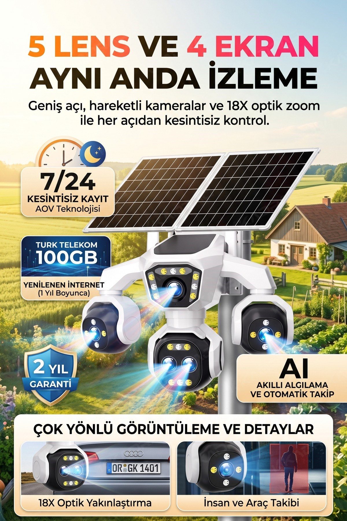 Kadraj 5 Kameralı Güneş Enerjili 18X Optik Zoom Solar Panelli Profesyonel Dış Mekân Güvenlik Kamerası 100TT - görsel 10
