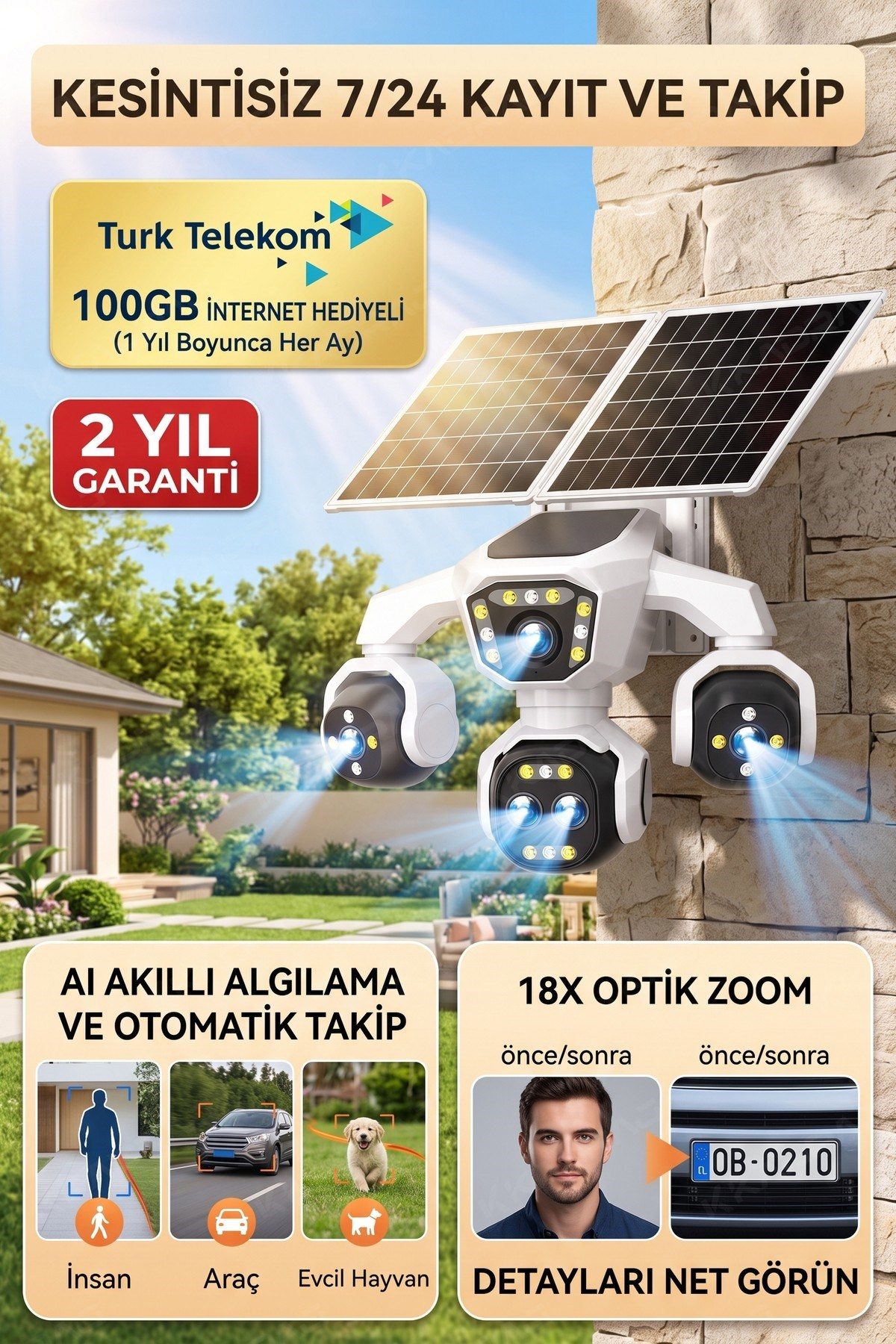 Kadraj 5 Kameralı Güneş Enerjili 18X Optik Zoom Solar Panelli Profesyonel Dış Mekân Güvenlik Kamerası 100TT - görsel 4
