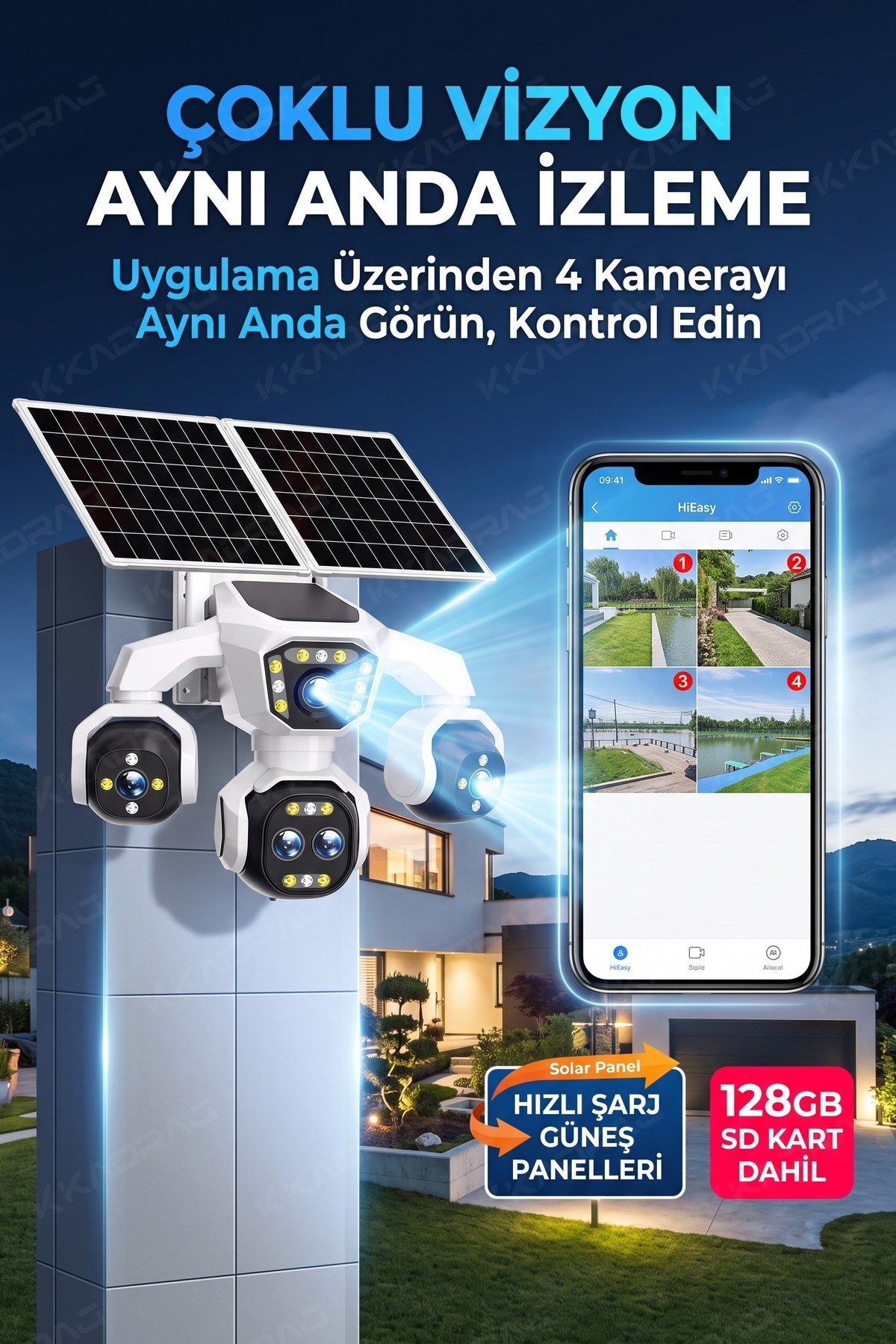 Kadraj 5 Kameralı Güneş Enerjili Kamera 18X Zoom Solar Panelli Profesyonel Dış Mekân Güvenlik Kamerası 50TT - görsel 4