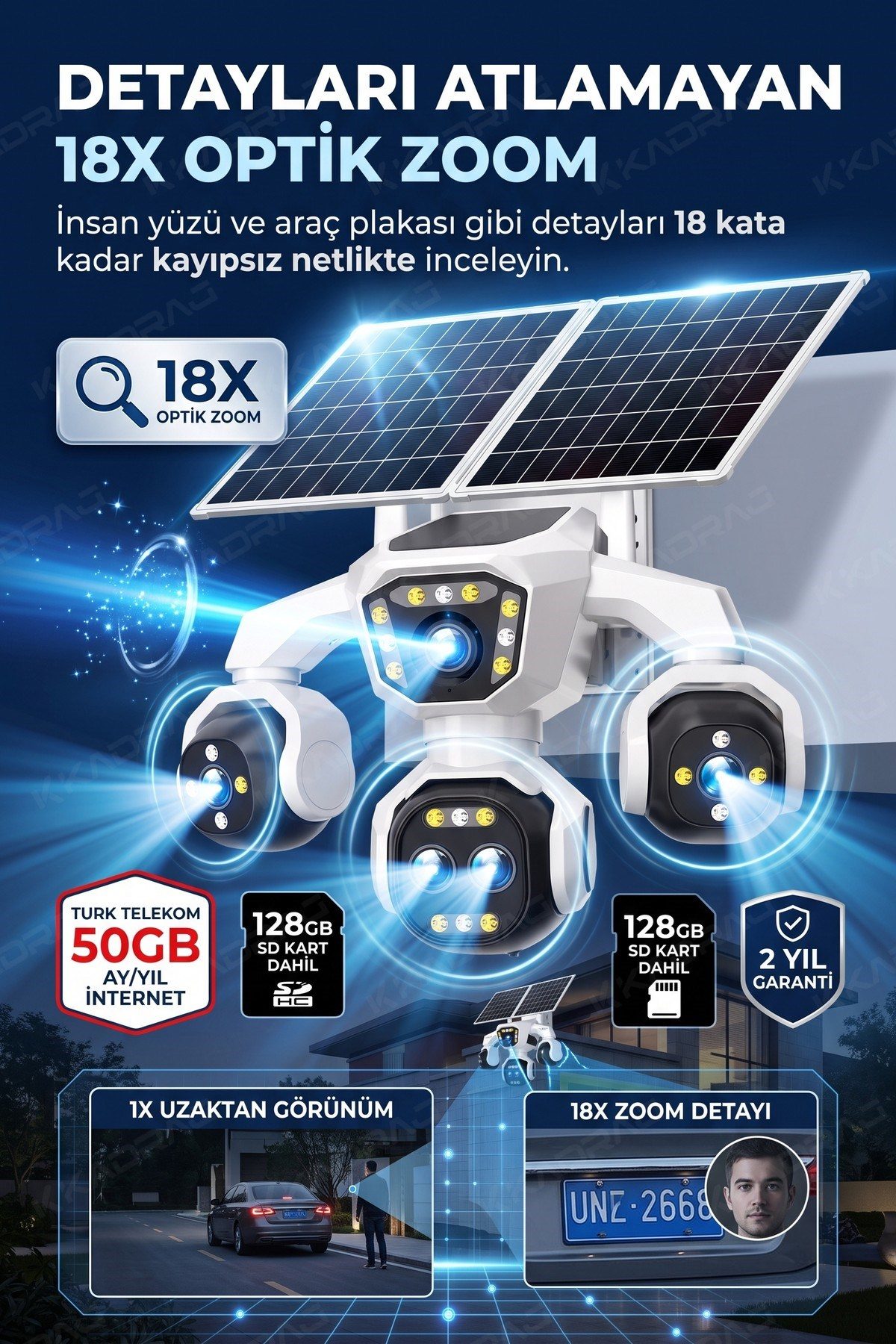 Kadraj 5 Kameralı Güneş Enerjili Kamera 18X Zoom Solar Panelli Profesyonel Dış Mekân Güvenlik Kamerası 50TT - görsel 6