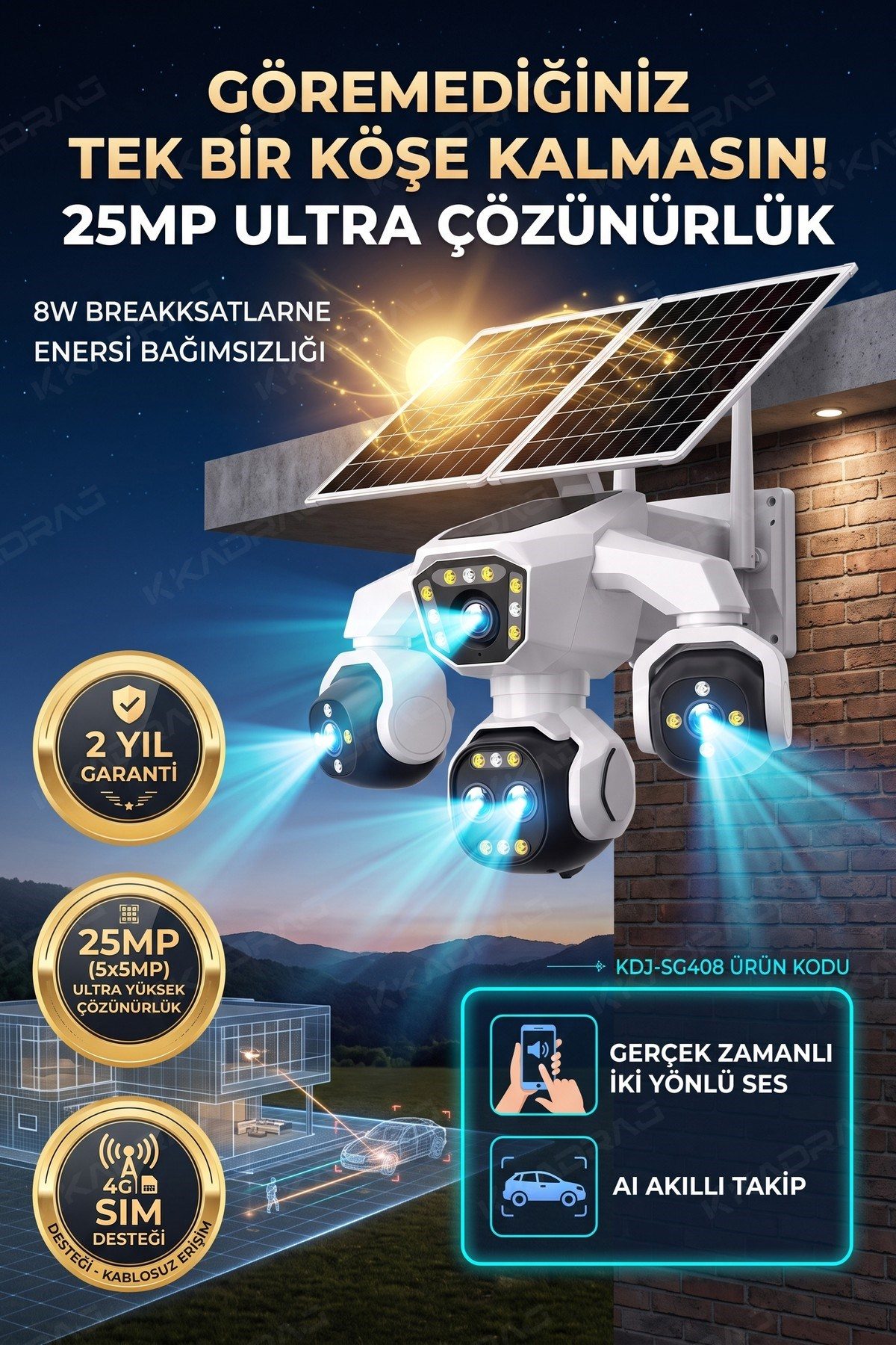 Kadraj 5 Kameralı Güneş Enerjili Kamera 18X Zoom Solar Panelli Profesyonel Dış Mekân Güvenlik Kamerası 50TT - görsel 15