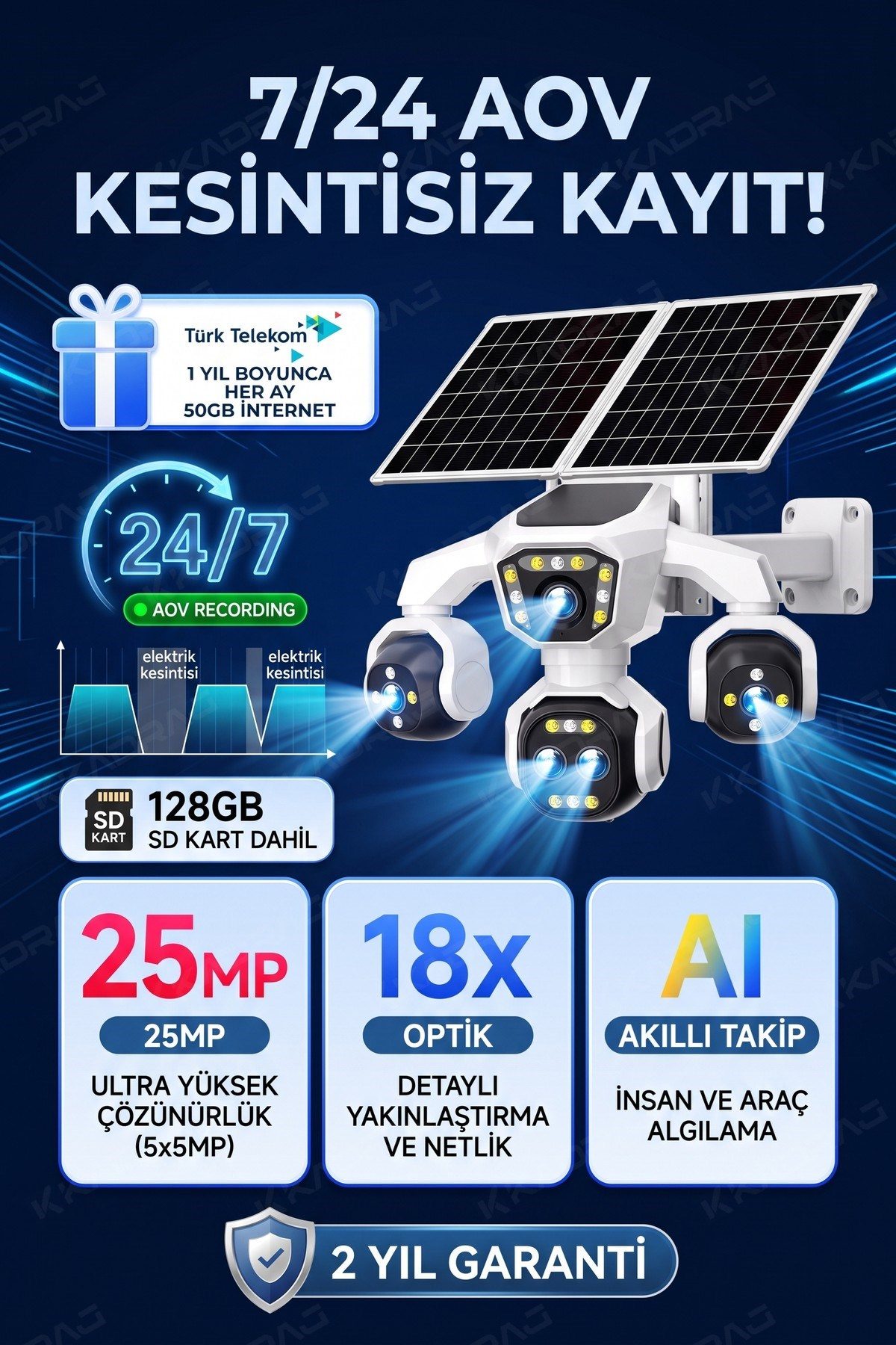 Kadraj 5 Kameralı Güneş Enerjili Kamera 18X Zoom Solar Panelli Profesyonel Dış Mekân Güvenlik Kamerası 50TT - görsel 12