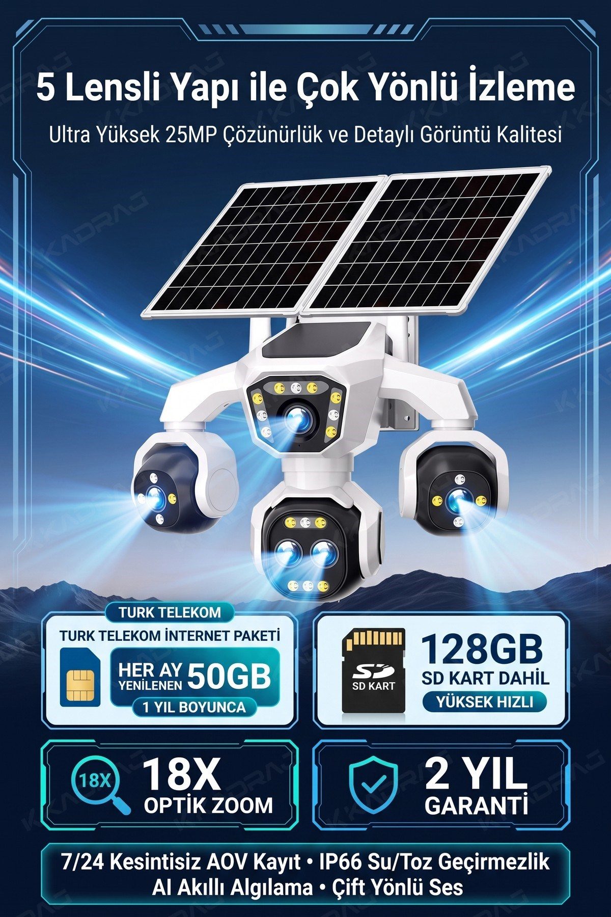 Kadraj 5 Kameralı Güneş Enerjili Kamera 18X Zoom Solar Panelli Profesyonel Dış Mekân Güvenlik Kamerası 50TT - görsel 14