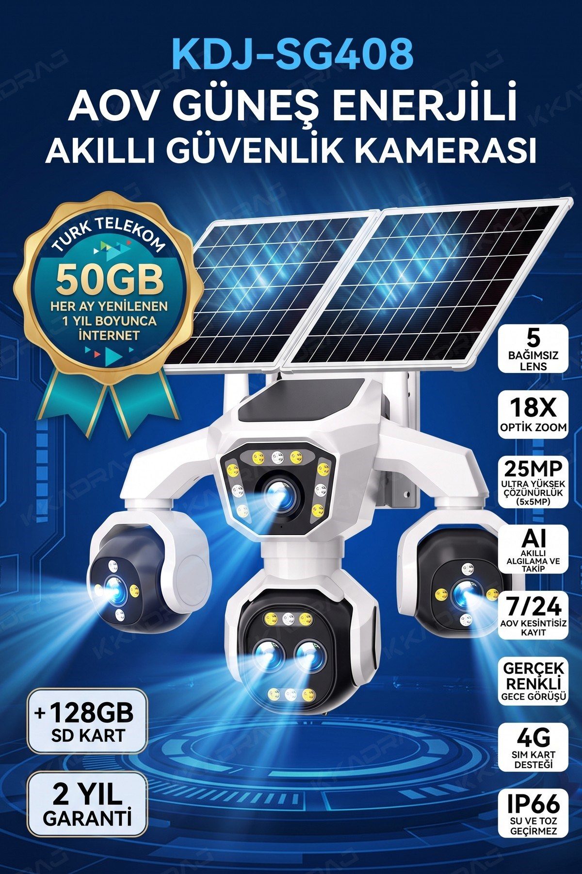 Kadraj 5 Kameralı Güneş Enerjili Kamera 18X Zoom Solar Panelli Profesyonel Dış Mekân Güvenlik Kamerası 50TT - görsel 16