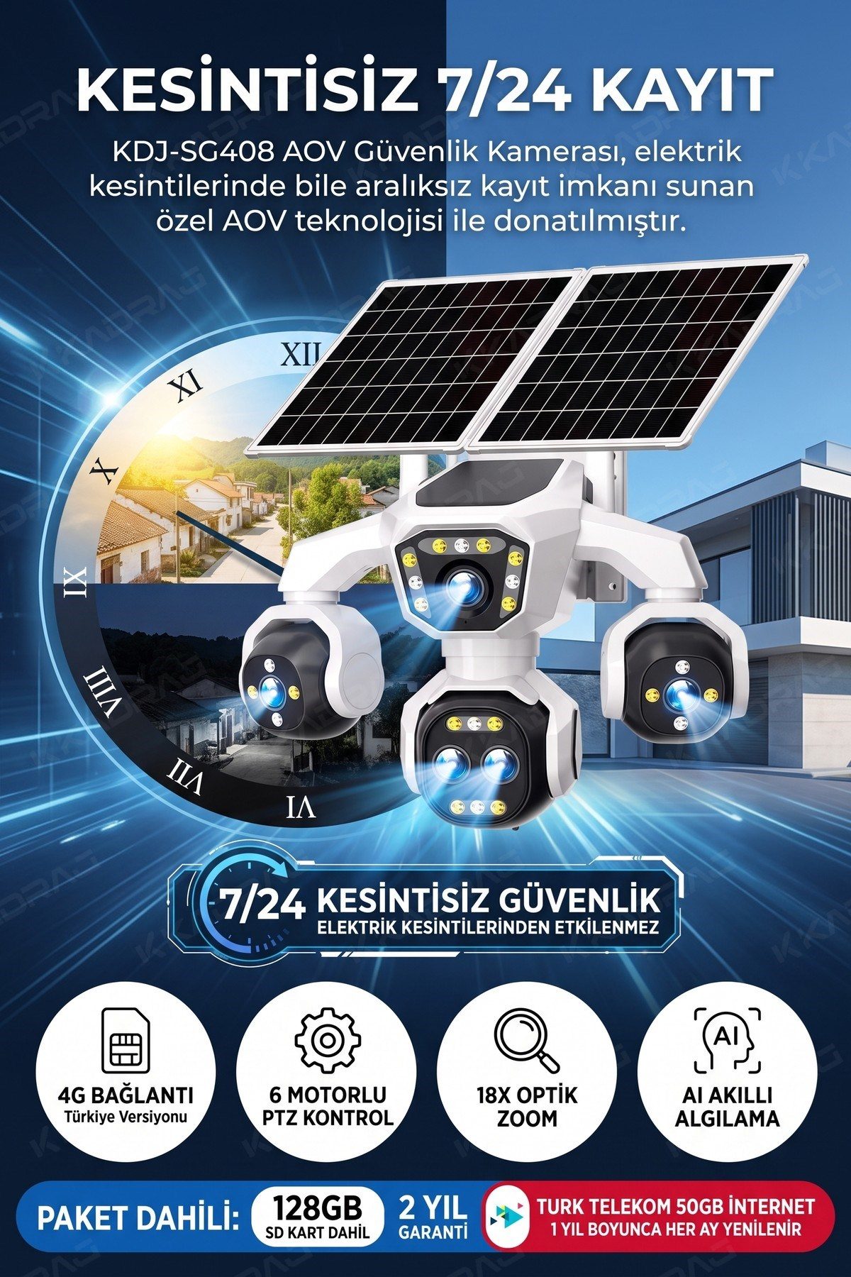 Kadraj 5 Kameralı Güneş Enerjili Kamera 18X Zoom Solar Panelli Profesyonel Dış Mekân Güvenlik Kamerası 50TT - görsel 13