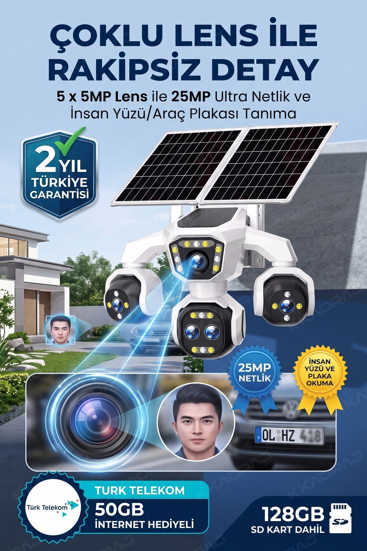 Kadraj 5 Kameralı Güneş Enerjili Kamera 18X Zoom Solar Panelli Profesyonel Dış Mekân Güvenlik Kamerası 50TT - görsel 2
