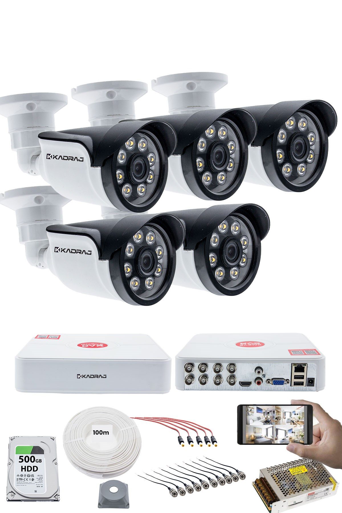 Kadraj 5 Kameralı Güvenlik Kamerası Seti - 5MP Sony SecuLensli 1080p AHD, 8 Warm LED, Colorvu Gece Renkli Görüşlü, V1