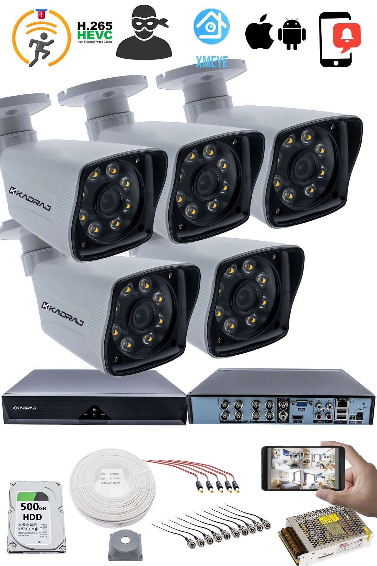 Kadraj 5 Kameralı Güvenlik Kamerası Seti - 5MP Sony SecuLensli 1080p Full HD AHD, 8 Ultra Warm LED, Gece Renkli Görüş, Plastik Kasa - görsel 2