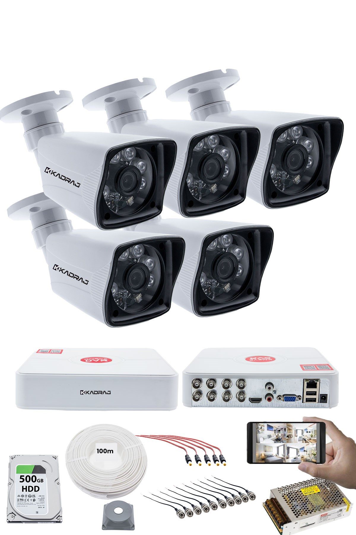 Kadraj 5 Kameralı Güvenlik Kamerası Seti - 5MP Sony SecuLensli 1080P Full HD AHD, 6 Atom LED, Gece Görüşlü, IP66 Su Geçirmez, Güvenlik Kamerası, V1