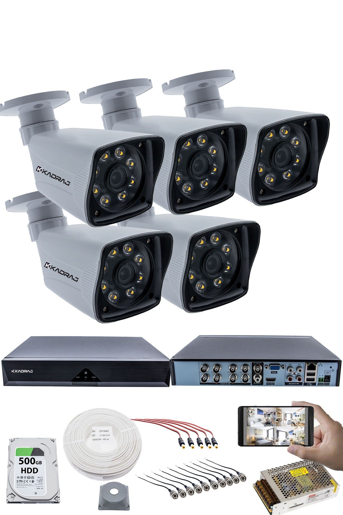 Kadraj 5 Kameralı Güvenlik Kamerası Seti - 5MP Sony SecuLensli 1080p Full HD AHD, 8 Ultra Warm LED, Gece Renkli Görüş, Plastik Kasa