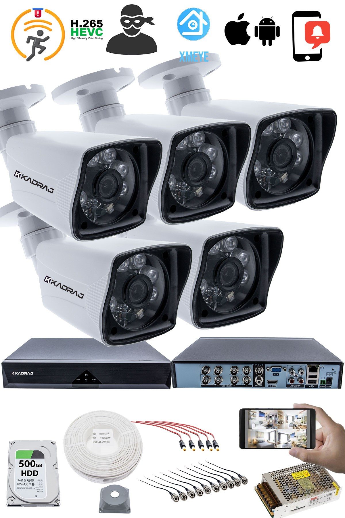 Kadraj 5 Kameralı Güvenlik Kamerası Seti - 5MP Sony SecuLensli 1080P Full HD AHD, 6 Atom LED, Gece Görüşlü, IP66 Su Geçirmez, Güvenlik Kamerası, Plastik Kasa - görsel 2