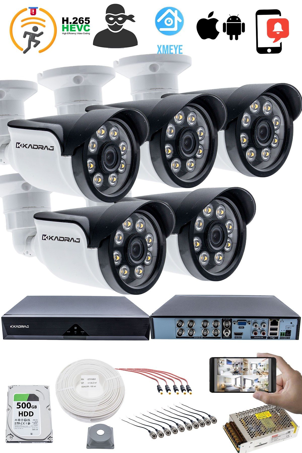 Kadraj 5 Kameralı Güvenlik Kamerası Seti - 5MP Sony SecuLensli 1080p AHD, 8 Warm LED, Colorvu Gece Renkli Görüş - görsel 2