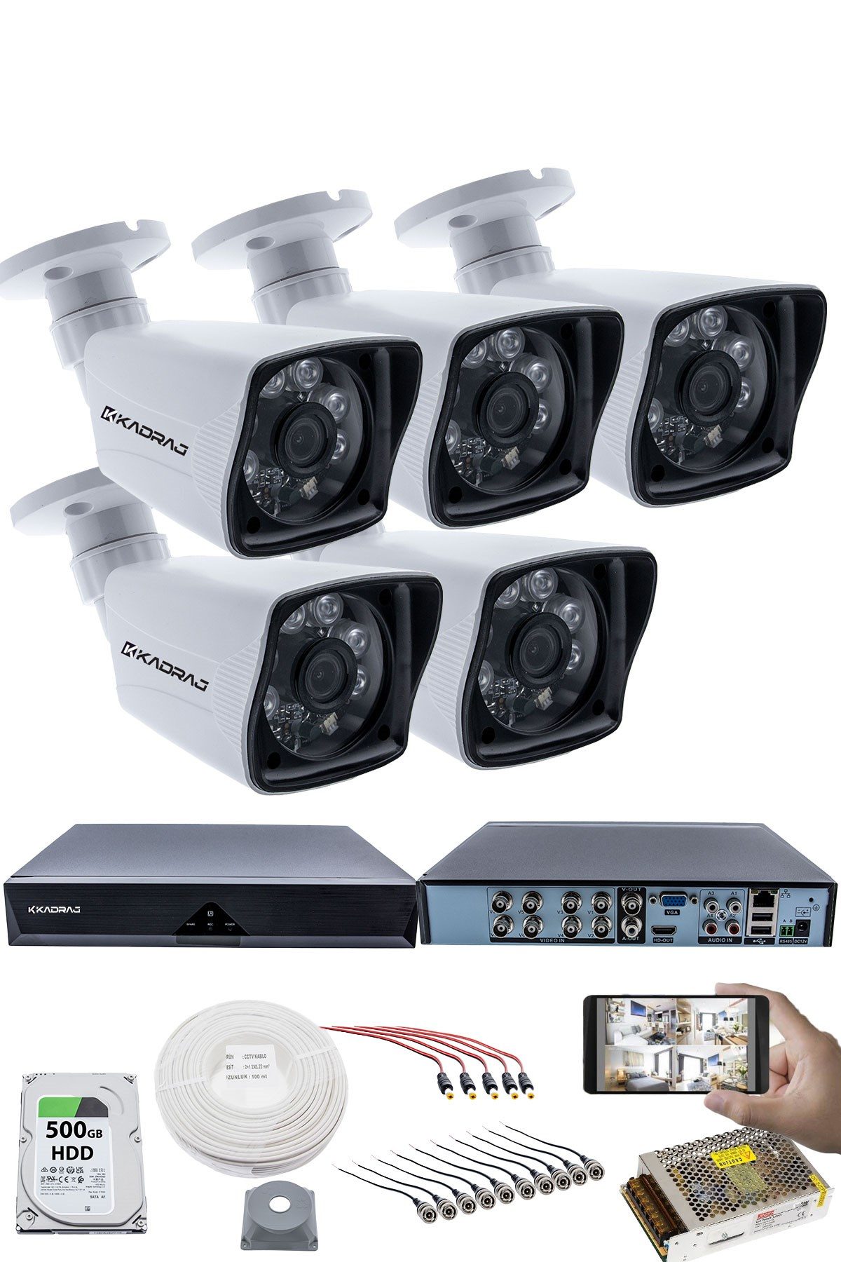 Kadraj 5 Kameralı Güvenlik Kamerası Seti - 5MP Sony SecuLensli 1080P Full HD AHD, 6 Atom LED, Gece Görüşlü, IP66 Su Geçirmez, Güvenlik Kamerası, Plastik Kasa