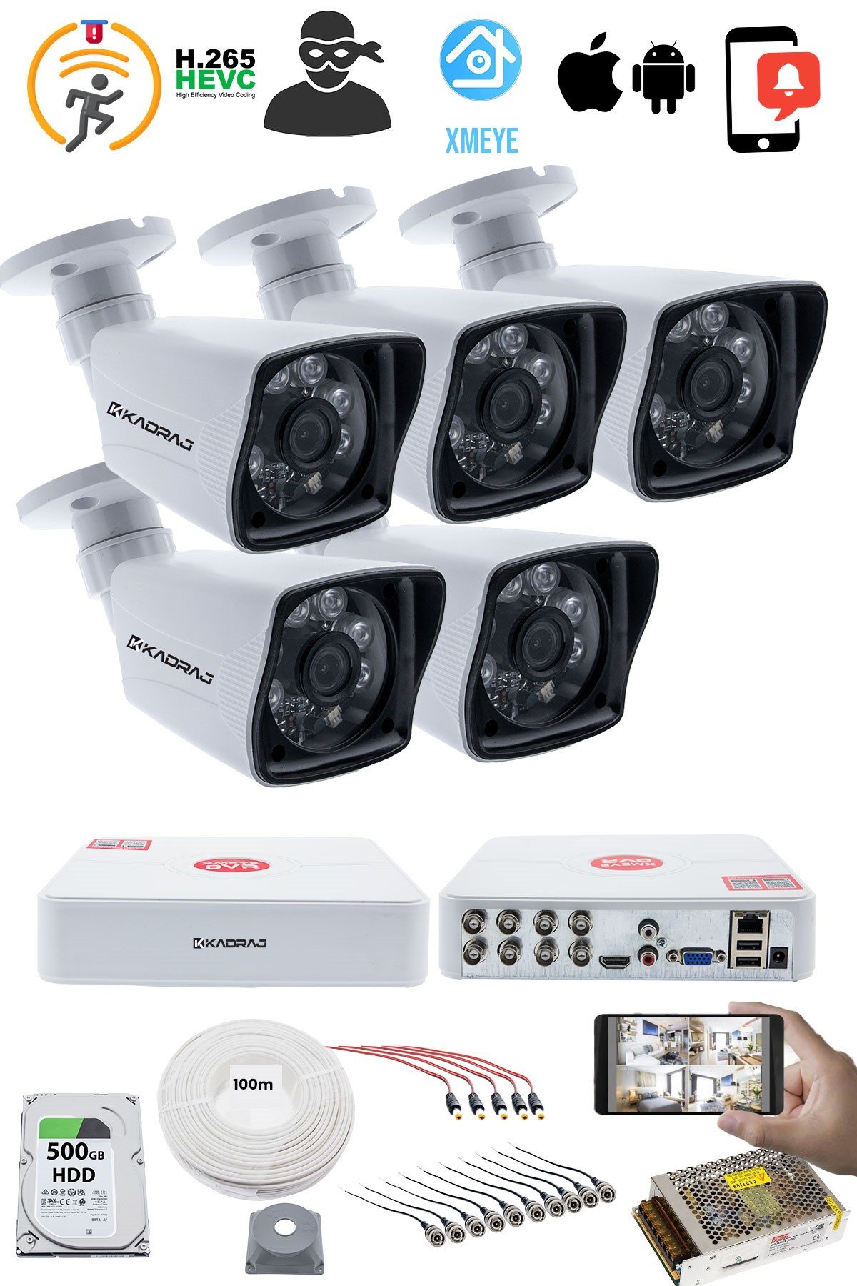 Kadraj 5 Kameralı Güvenlik Kamerası Seti - 5MP Sony SecuLensli 1080P Full HD AHD, 6 Atom LED, Gece Görüşlü, IP66 Su Geçirmez, Güvenlik Kamerası, V1 - görsel 2