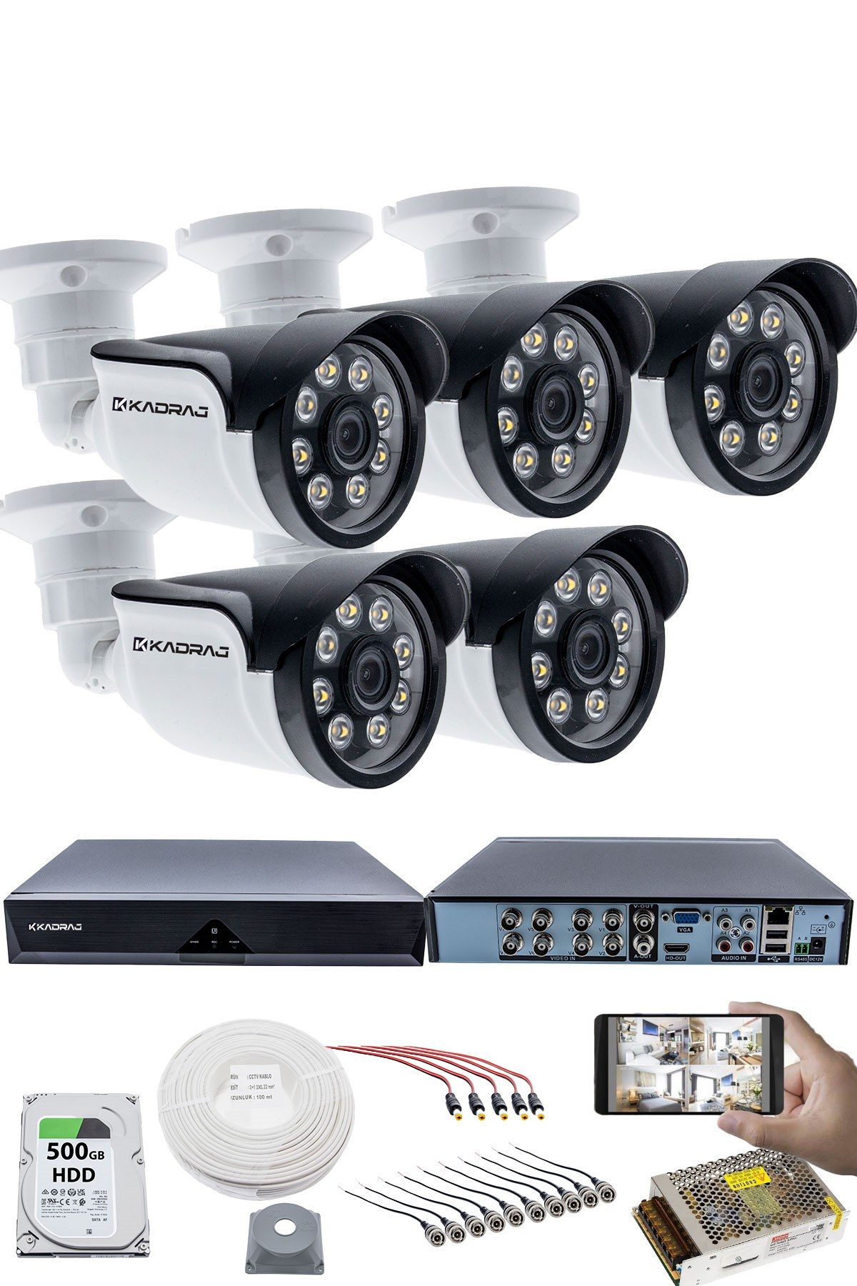 Kadraj 5 Kameralı Güvenlik Kamerası Seti - 5MP Sony SecuLensli 1080p AHD, 8 Warm LED, Colorvu Gece Renkli Görüş