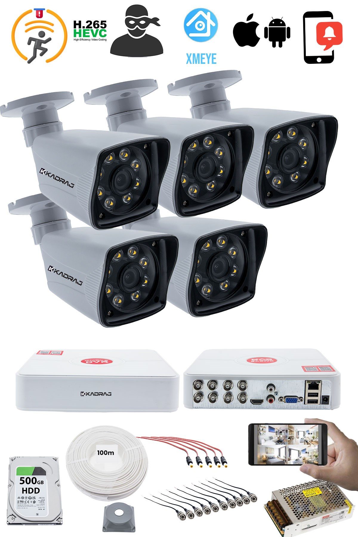 Kadraj 5 Kameralı Güvenlik Kamerası Seti - 5MP Sony SecuLensli 1080p Full HD AHD, 8 Ultra Warm LED, Gece Renkli Görüş, V1 - görsel 2