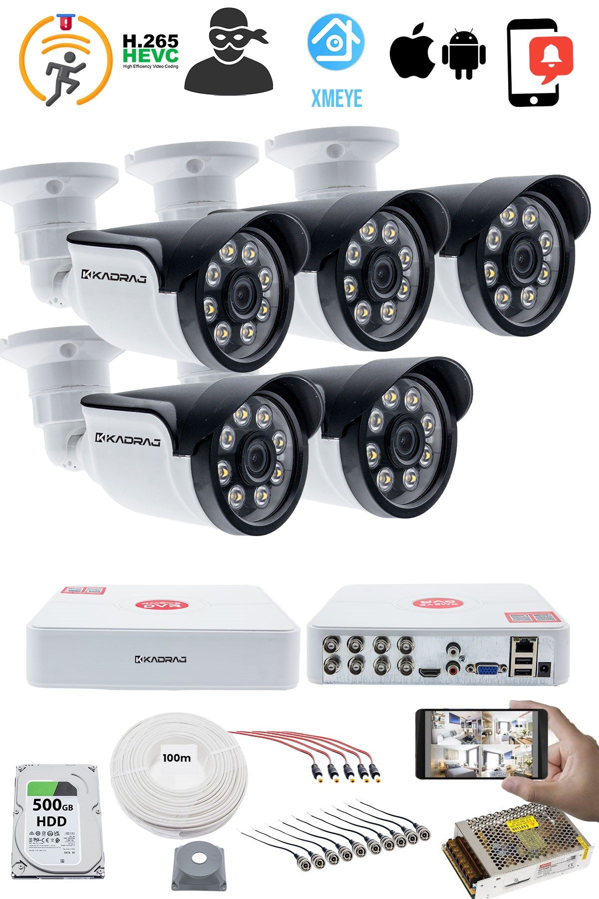 Kadraj 5 Kameralı Güvenlik Kamerası Seti - 5MP Sony SecuLensli 1080p AHD, 8 Warm LED, Colorvu Gece Renkli Görüşlü, V1 - görsel 2
