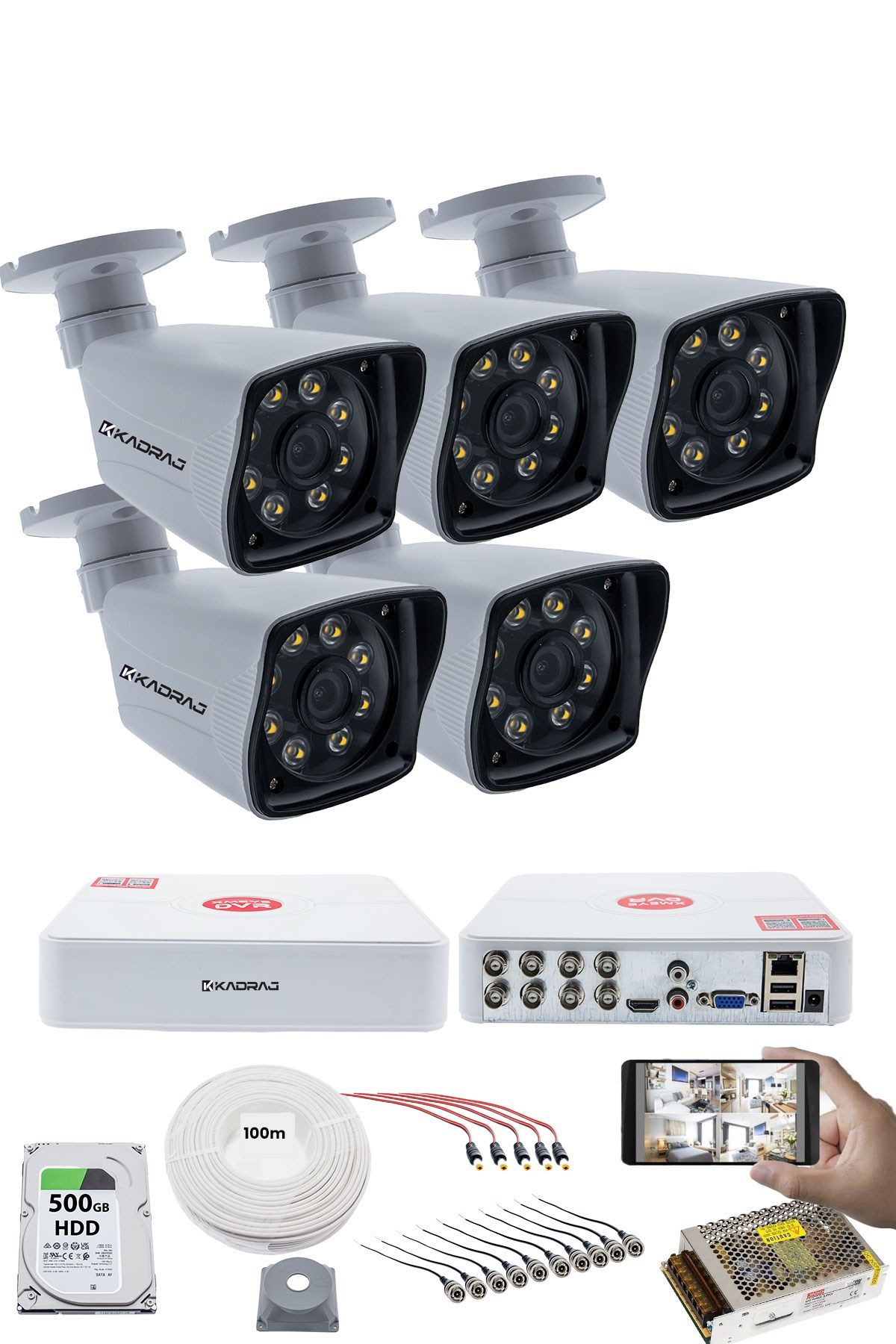 Kadraj 5 Kameralı Güvenlik Kamerası Seti - 5MP Sony SecuLensli 1080p Full HD AHD, 8 Ultra Warm LED, Gece Renkli Görüş, V1