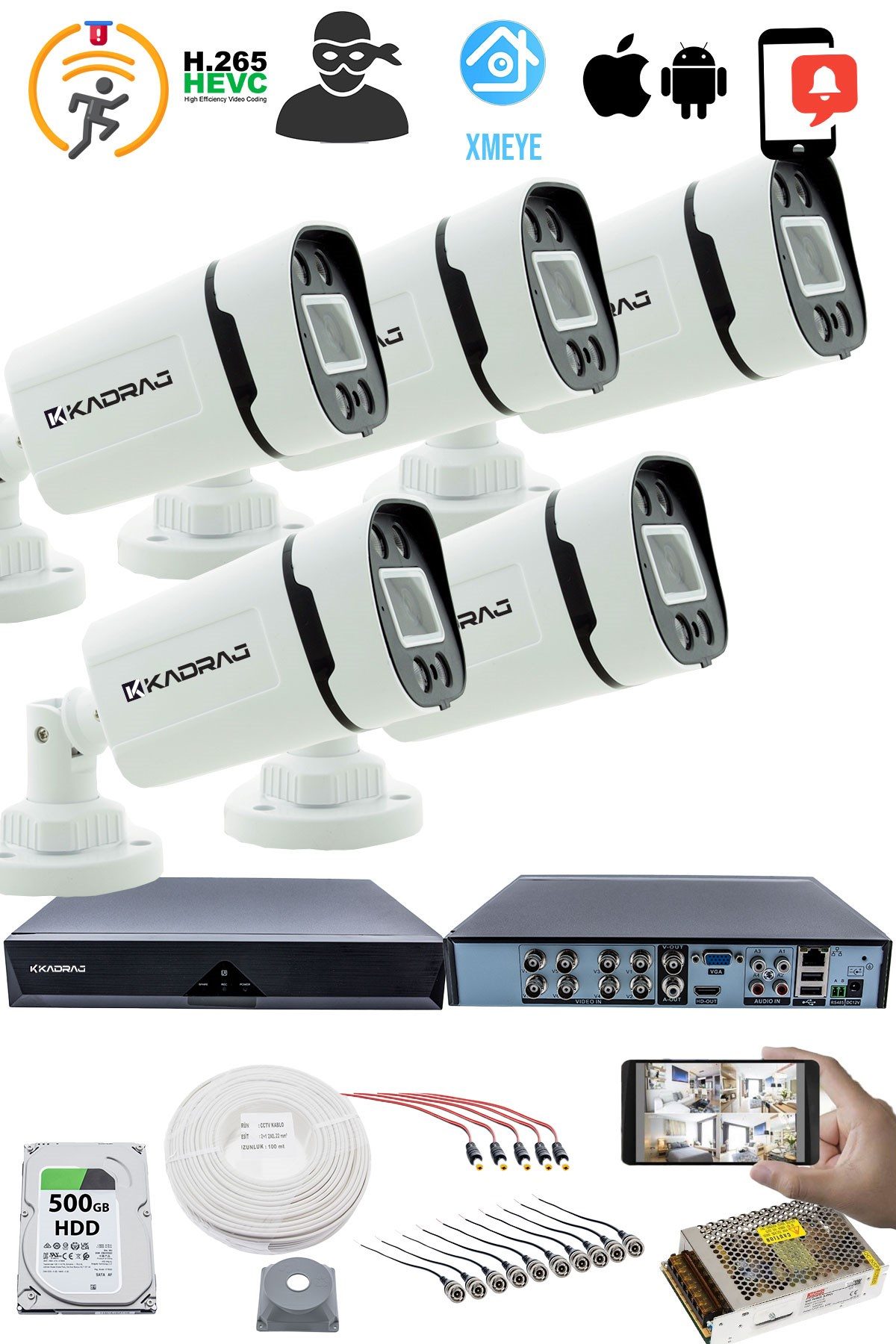 Kadraj 5 KAMERALI GÜVENLİK KAMERASI SETİ - GECE RENKLİ 5MP SONY SECULENS, 1080P FULL HD AHD, 4 WARM LED, COLORVU - PLASTİK KASA - görsel 2