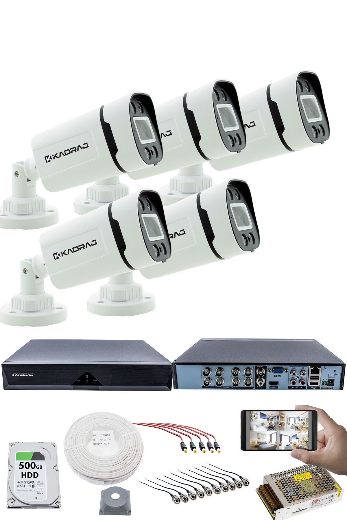 Kadraj 5 KAMERALI GÜVENLİK KAMERASI SETİ - GECE RENKLİ 5MP SONY SECULENS, 1080P FULL HD AHD, 4 WARM LED, COLORVU - PLASTİK KASA