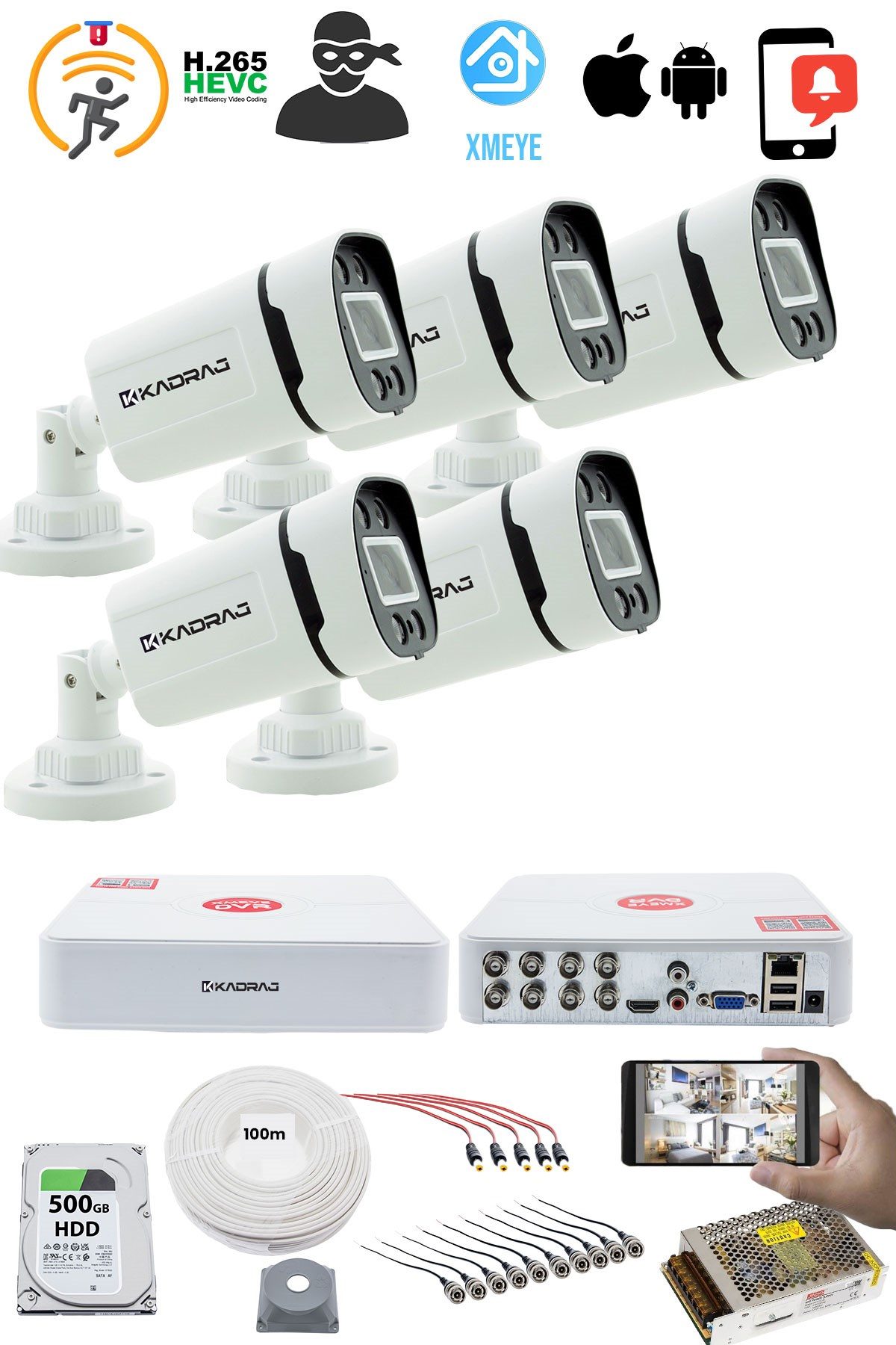 Kadraj 5 KAMERALI GÜVENLİK KAMERASI SETİ - GECE RENKLİ 5MP SONY SECULENS, 1080P FULL HD AHD, 4 WARM LED, COLORVU - V1 - görsel 2