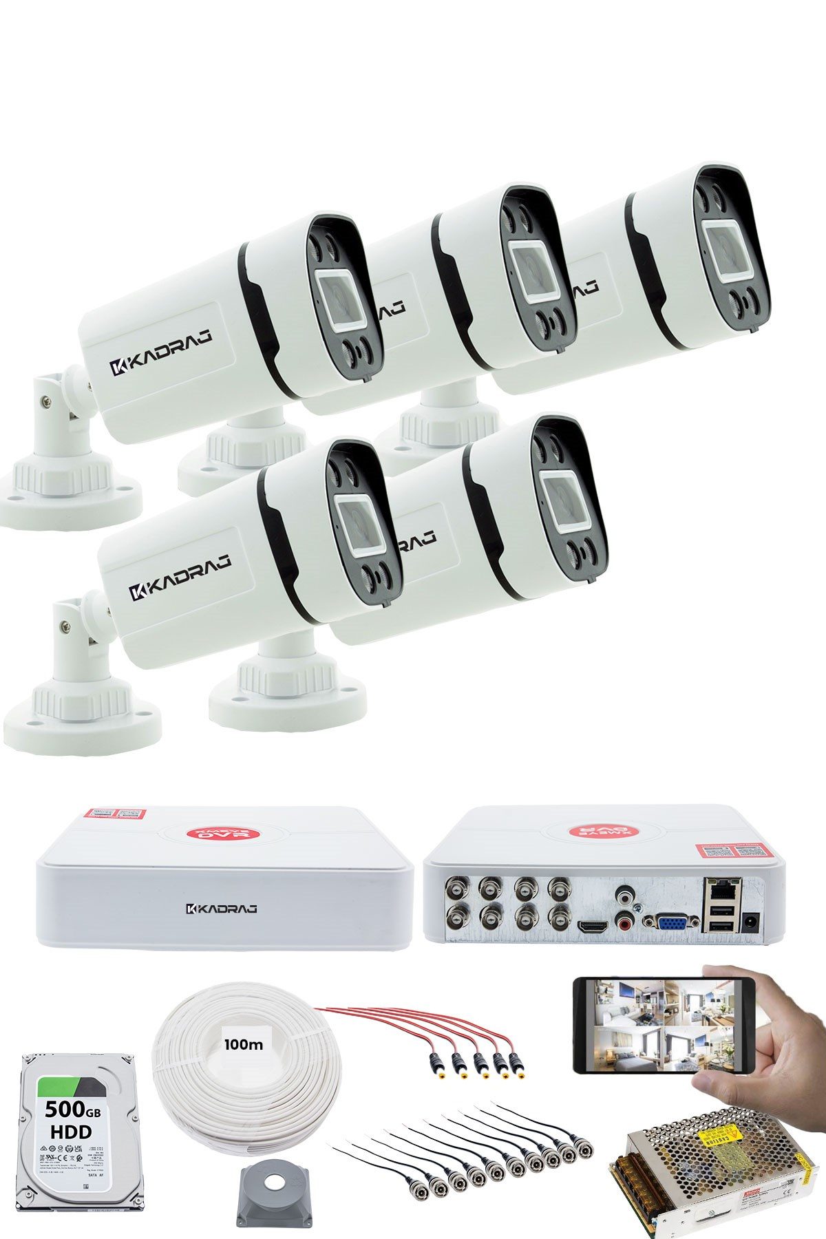 Kadraj 5 KAMERALI GÜVENLİK KAMERASI SETİ - GECE RENKLİ 5MP SONY SECULENS, 1080P FULL HD AHD, 4 WARM LED, COLORVU - V1