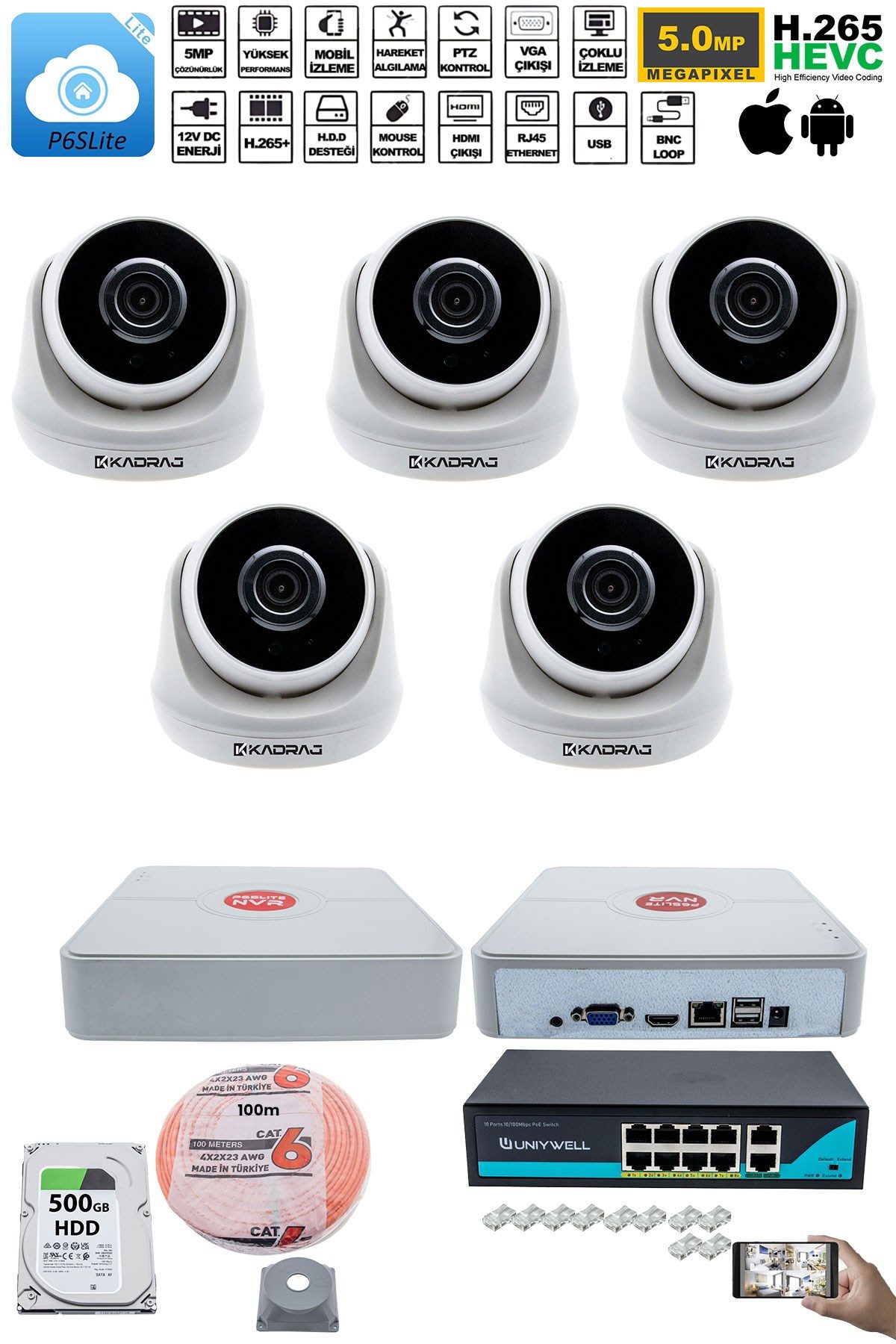 Kadraj 5 Kameralı IP Dome Güvenlik Kamerası Seti | 4MP Ultra HD, 30m Gece Görüş, Ses Alma, Uzaktan İzleme - görsel 2
