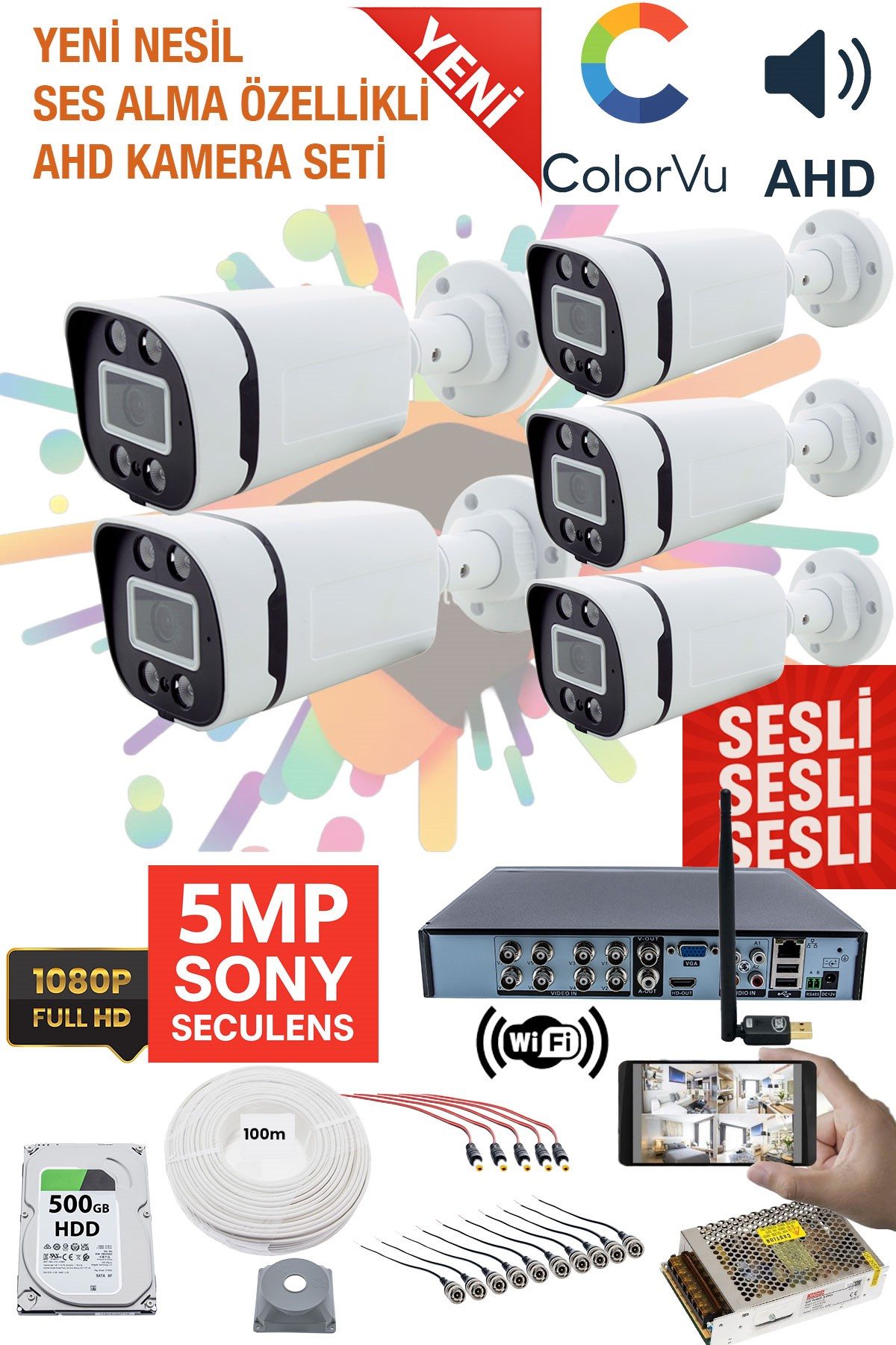 Kadraj 5 KAMERALI SESLİ GÜVENLİK KAMERASI SETİ - GECE RENKLİ 5MP SONY SECULENS, 1080P FULL HD AHD, 4 WARM LED, COLORVU - PLASTİK KASA
