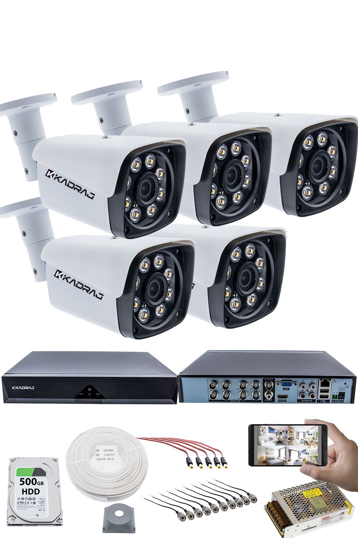Kadraj 5 KAMERALI SET - 5MP Sony SecuLensli 1080P Full HD AHD,8 Ultra Warm LED, Gece Renkli, Colorvu Teknolojisi, Metal Aluminyum Kasa