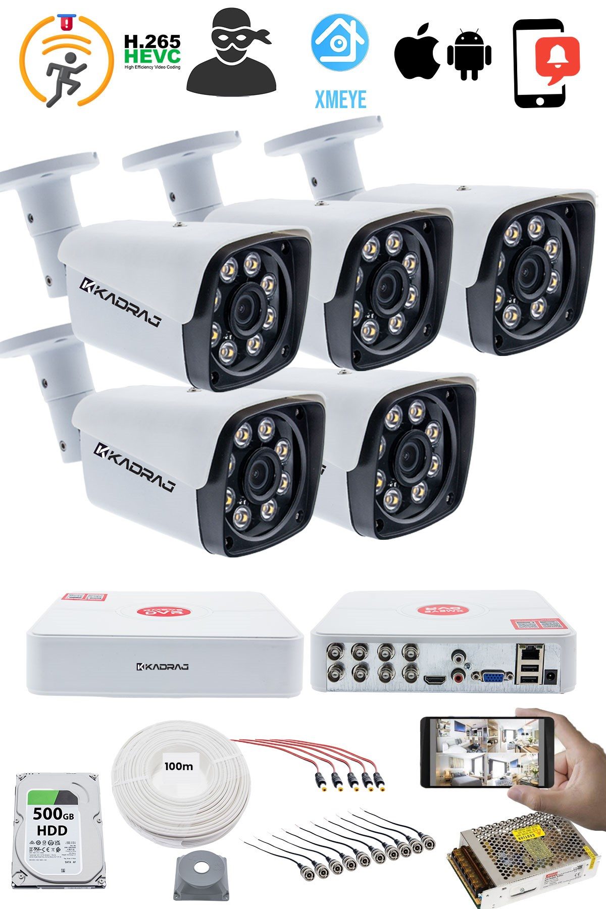 Kadraj 5 KAMERALI SET - 5MP Sony SecuLensli 1080P Full HD AHD,8 Ultra Warm LED, Gece Renkli, Colorvu Teknolojisi, Metal V1 - görsel 2