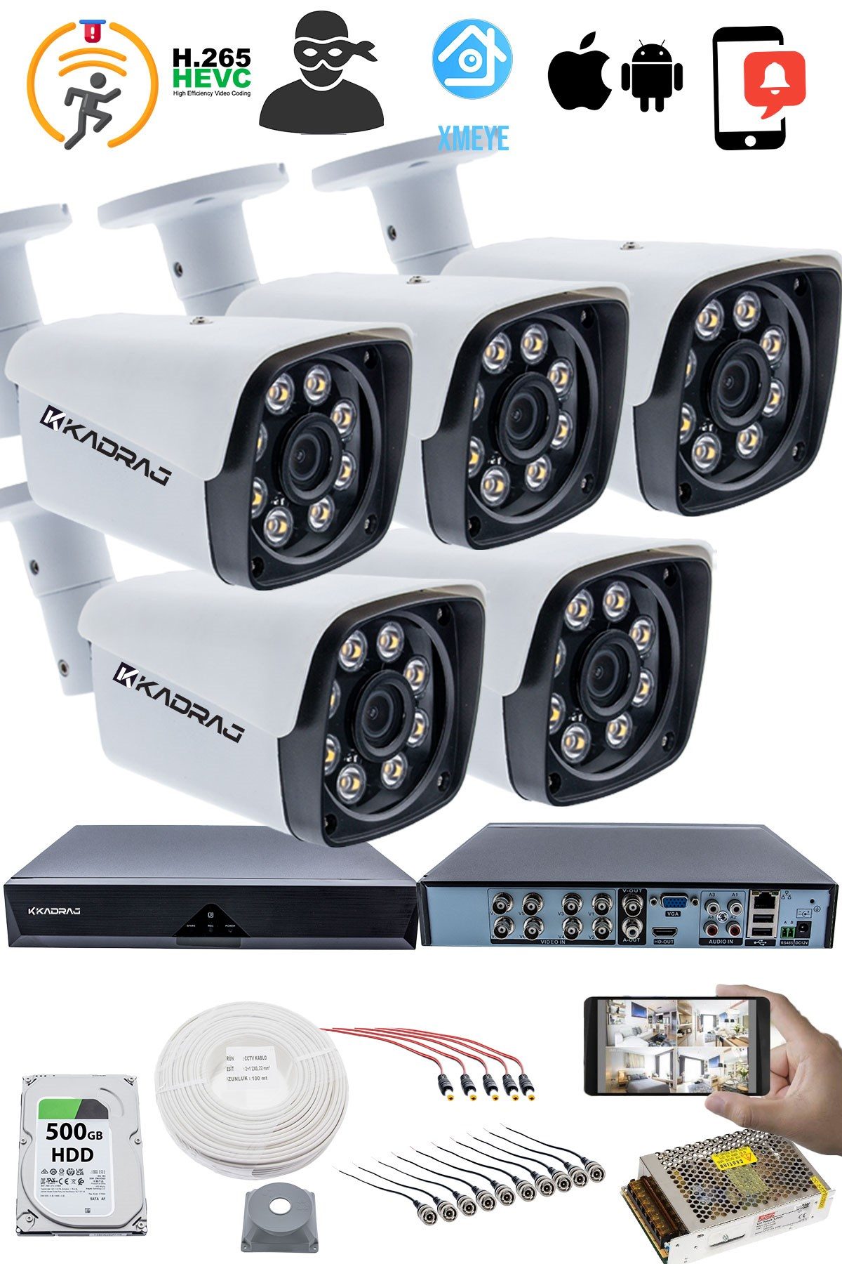 Kadraj 5 KAMERALI SET - 5MP Sony SecuLensli 1080P Full HD AHD,8 Ultra Warm LED, Gece Renkli, Colorvu Teknolojisi, Metal Aluminyum Kasa - görsel 2