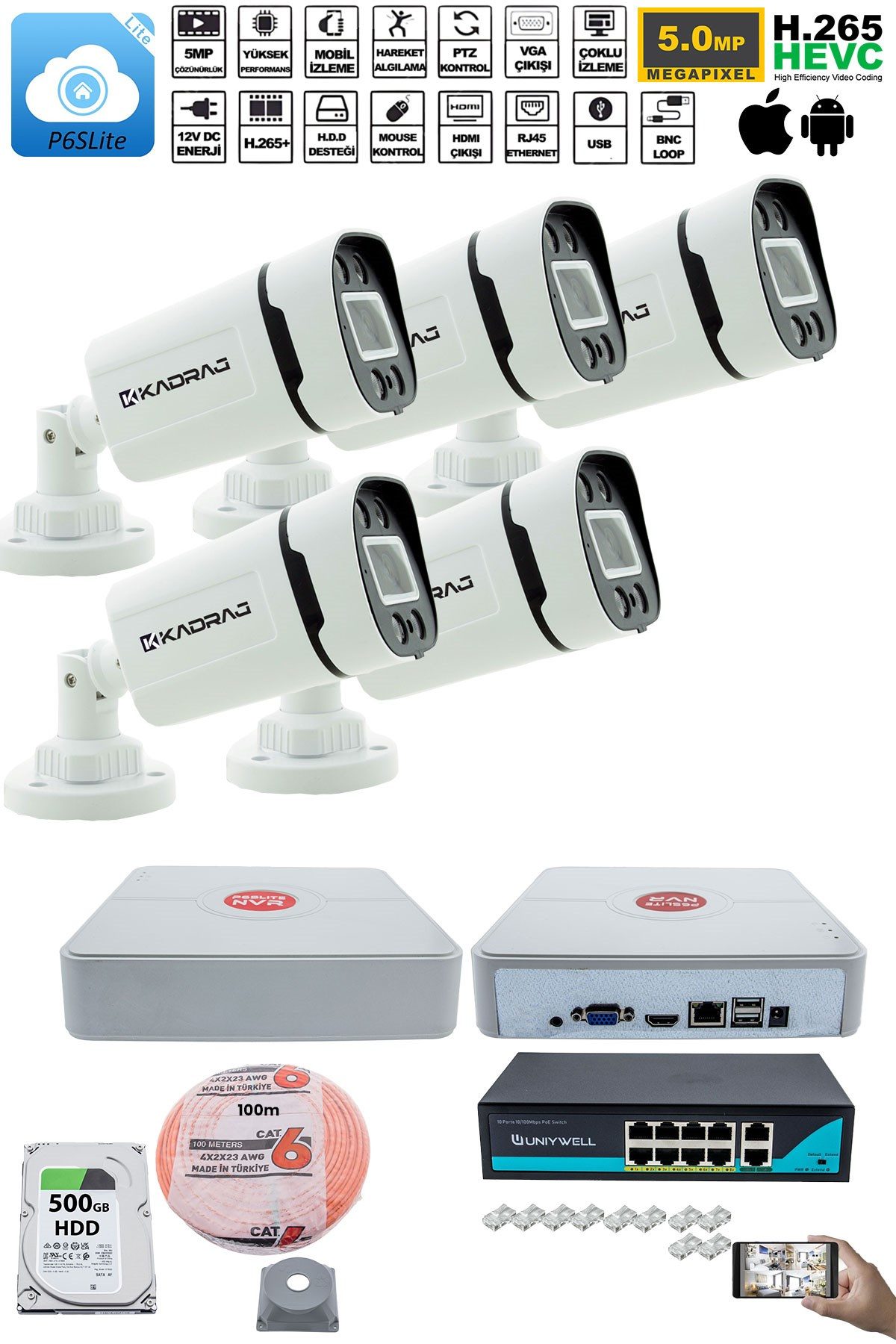 Kadraj 5'li Güvenlik IP Kamera Seti - 4MP Dış Mekan Kamera, 3.6mm Lens, H.265, PoE, Warm IR Gece Görüşü, 9 Kanal NVR, 8 Port PoE Switch, 500GB HDD - görsel 2