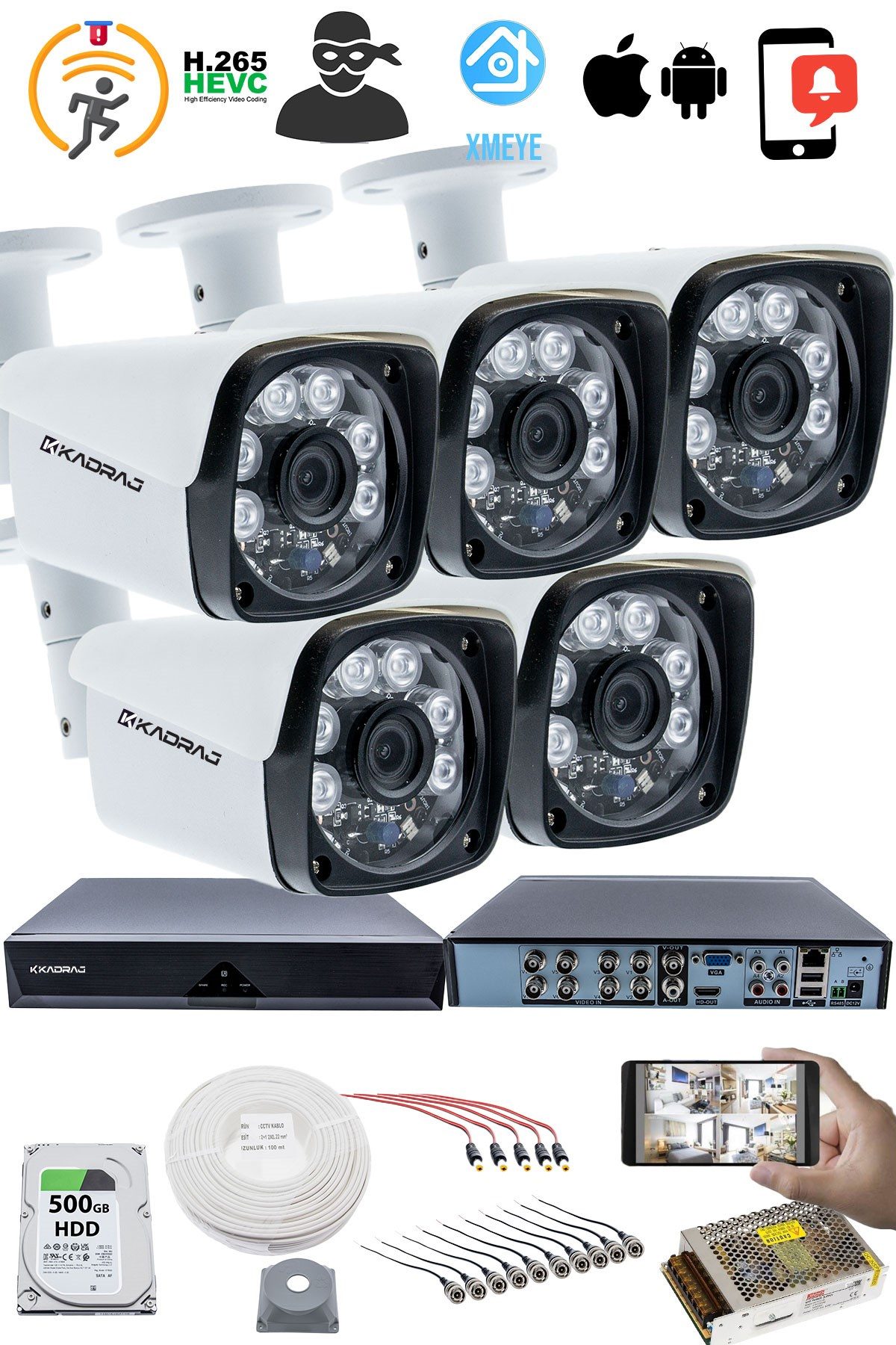 Kadraj 5'li Kamera Seti 5MP Sony SecuLensli 1080P Full HD, 6 Atom LED, AHD Güvenlik Kamerası Seti, Gece Görüşlü, Metal Kasa - görsel 2