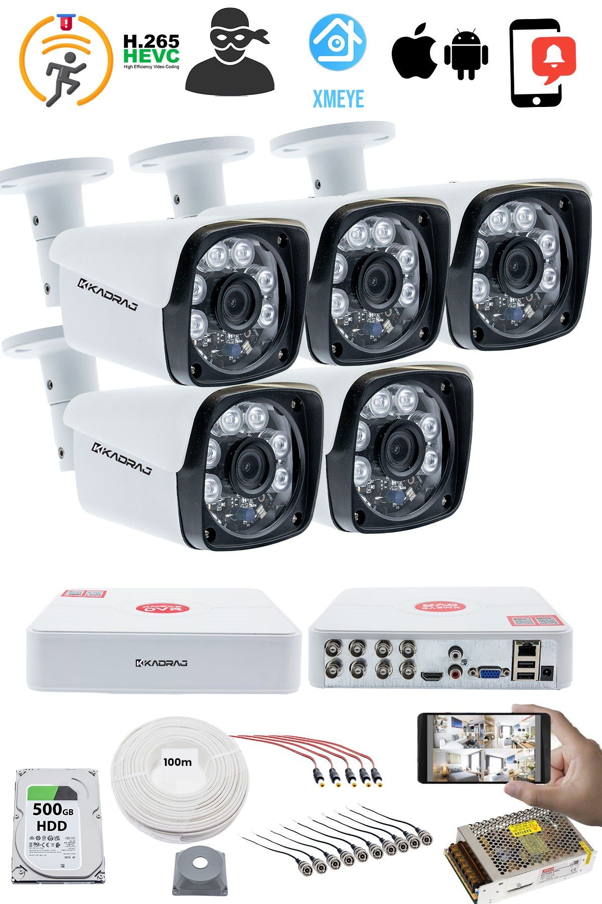 Kadraj 5'li Kamera Seti 5MP Sony SecuLensli 1080P Full HD, 6 Atom LED, AHD Güvenlik Kamerası Seti, Gece Görüşlü, V1 - görsel 2