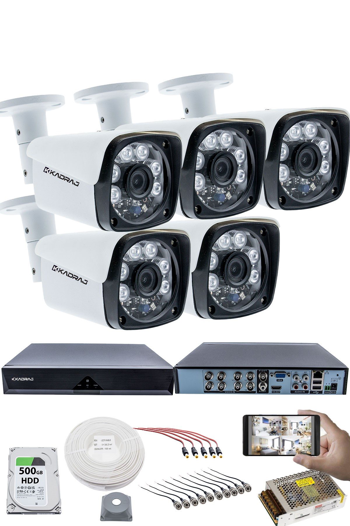 Kadraj 5'li Kamera Seti 5MP Sony SecuLensli 1080P Full HD, 6 Atom LED, AHD Güvenlik Kamerası Seti, Gece Görüşlü, Metal Kasa