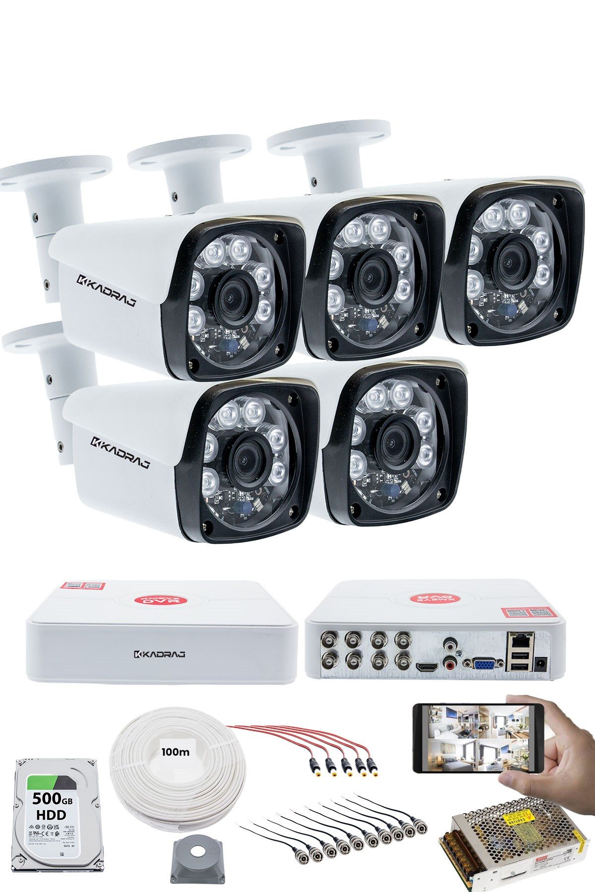 Kadraj 5'li Kamera Seti 5MP Sony SecuLensli 1080P Full HD, 6 Atom LED, AHD Güvenlik Kamerası Seti, Gece Görüşlü, V1