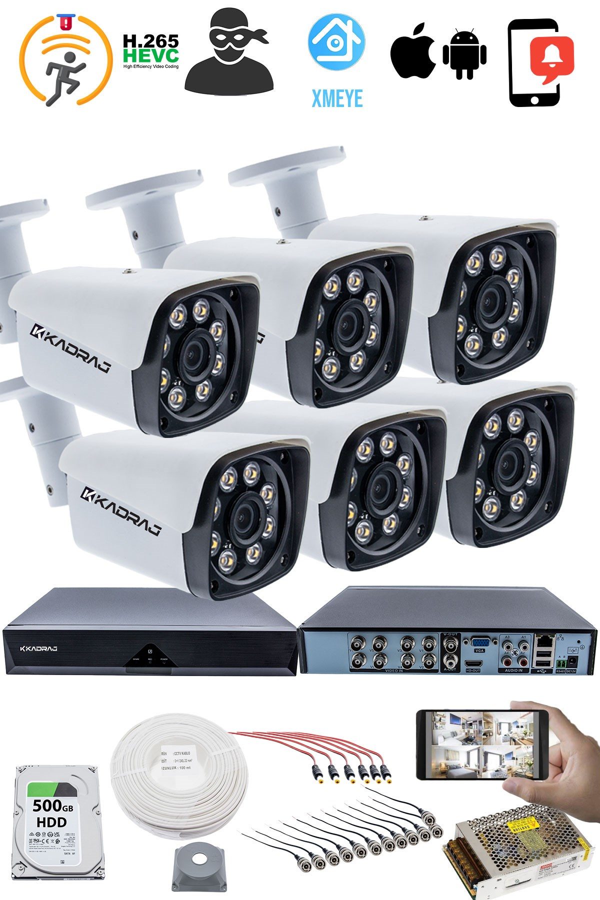 Kadraj 6 KAMERALI GÜVENLİK KAMERASI SETİ - 5MP Sony SecuLensli 1080P Full HD AHD, 8 Ultra Warm LED ,Gece Renkli, Colorvu Teknolojisi, Metal Aluminyum Kasa - görsel 2