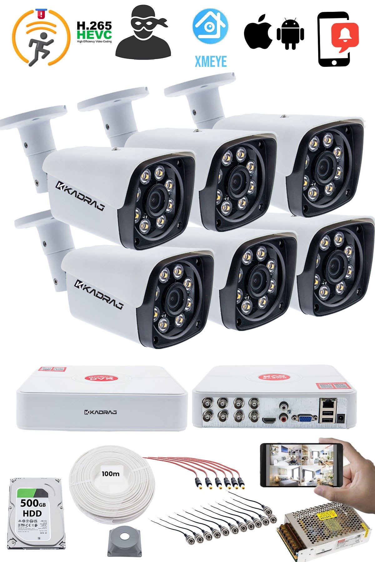Kadraj 6 KAMERALI GÜVENLİK KAMERASI SETİ - 5MP Sony SecuLensli 1080P Full HD AHD, 8 Ultra Warm LED ,Gece Renkli, Colorvu Teknolojisi, Metal Kasa, V1 - görsel 2
