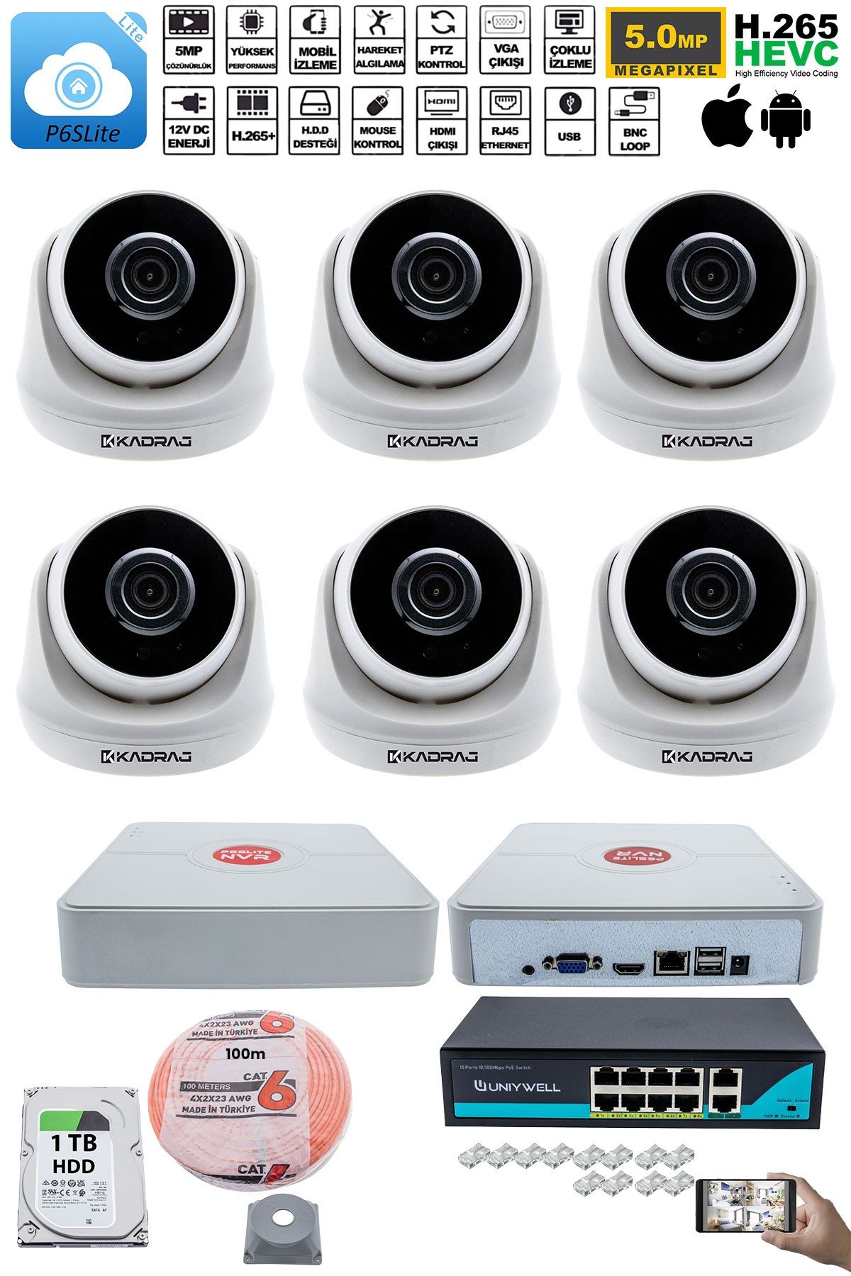 Kadraj 6 Kameralı IP Dome Güvenlik Kamerası Seti | 4MP Ultra HD, 30m Gece Görüş, Ses Alma, Uzaktan İzleme - görsel 2