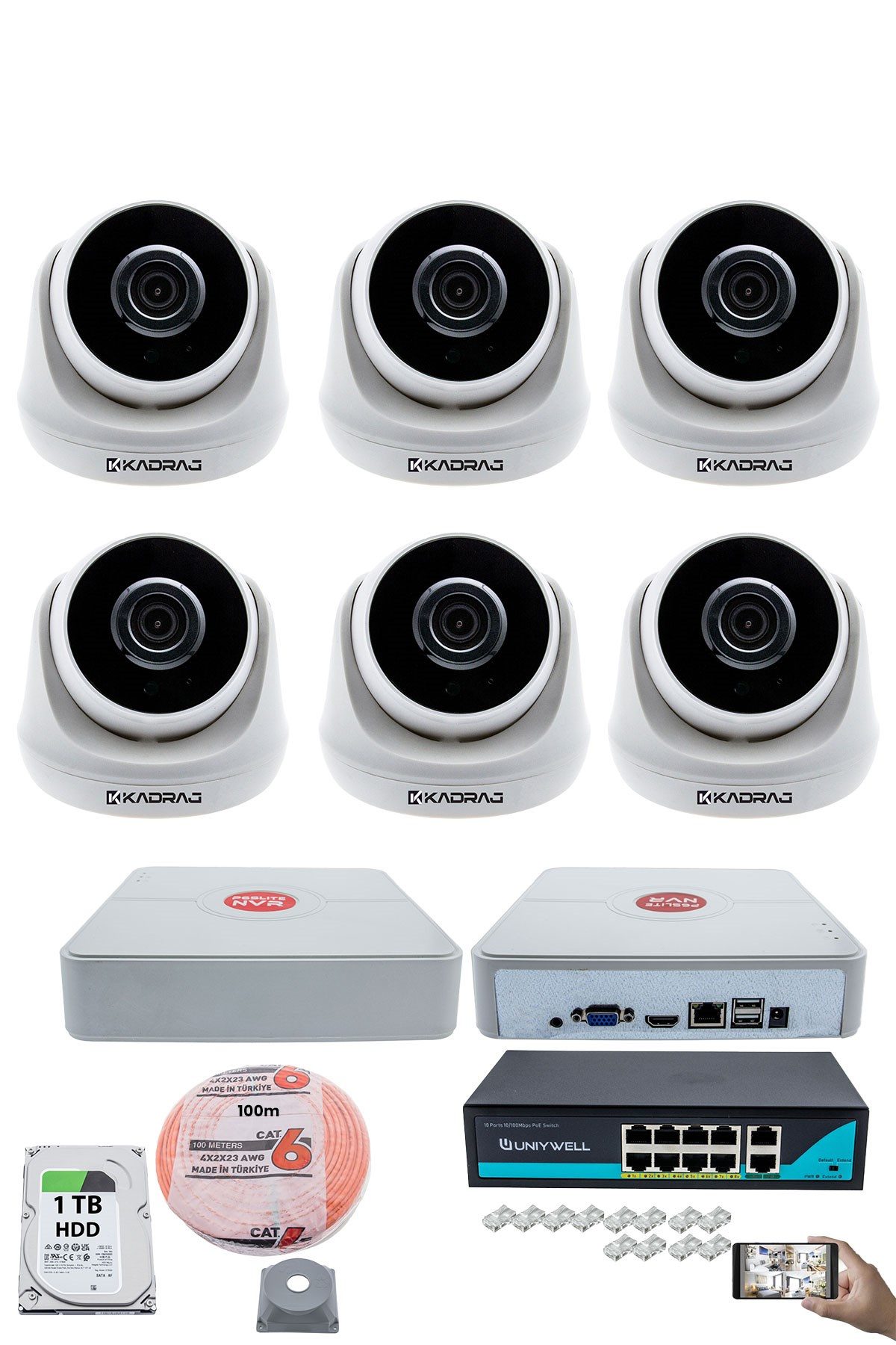 Kadraj 6 Kameralı IP Dome Güvenlik Kamerası Seti | 4MP Ultra HD, 30m Gece Görüş, Ses Alma, Uzaktan İzleme