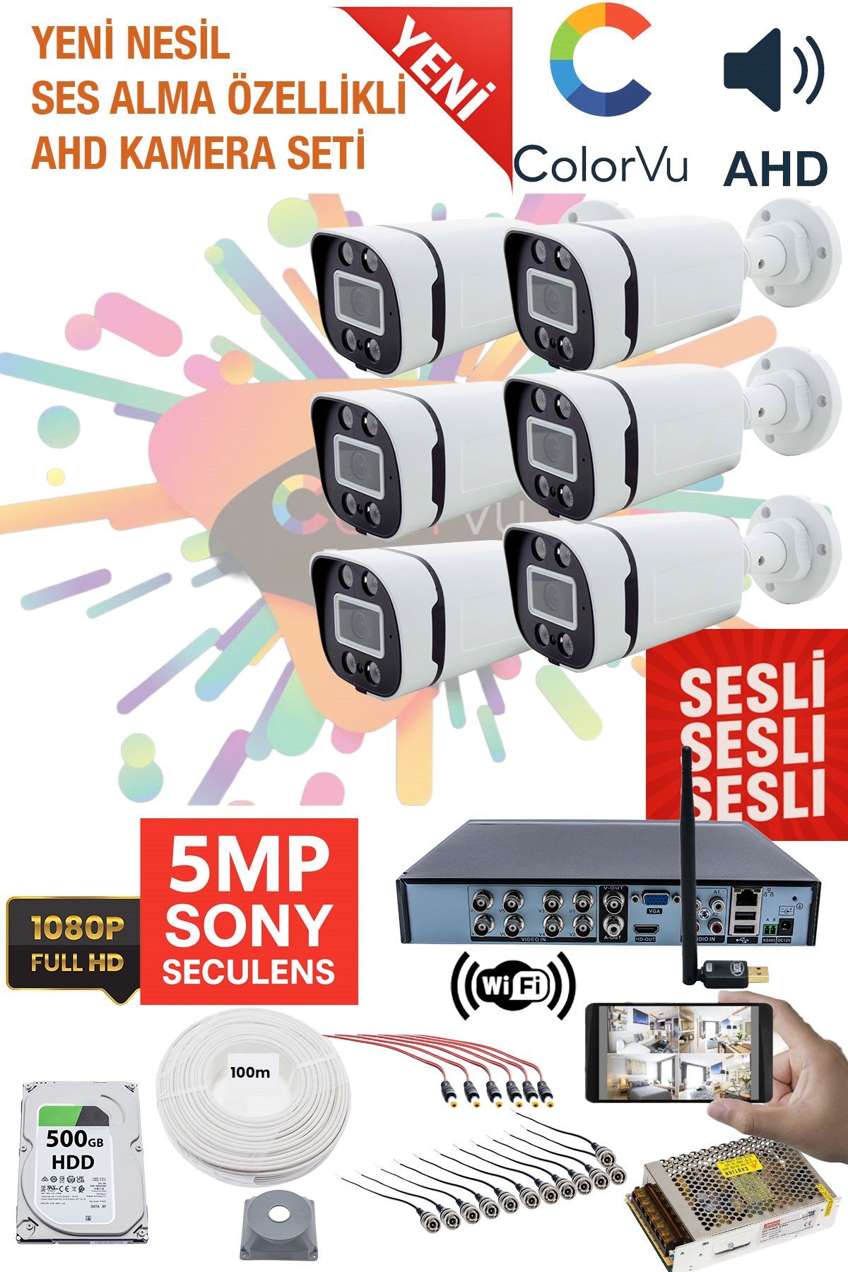 Kadraj 6 Kameralı Sesli Kamera Seti 5MP Sony SecuLensli 1080P, 4 Warm LED, Gece Renkli, Full HD AHD Güvenlik Kamerası Seti, ColorVu, Plastik Kasa