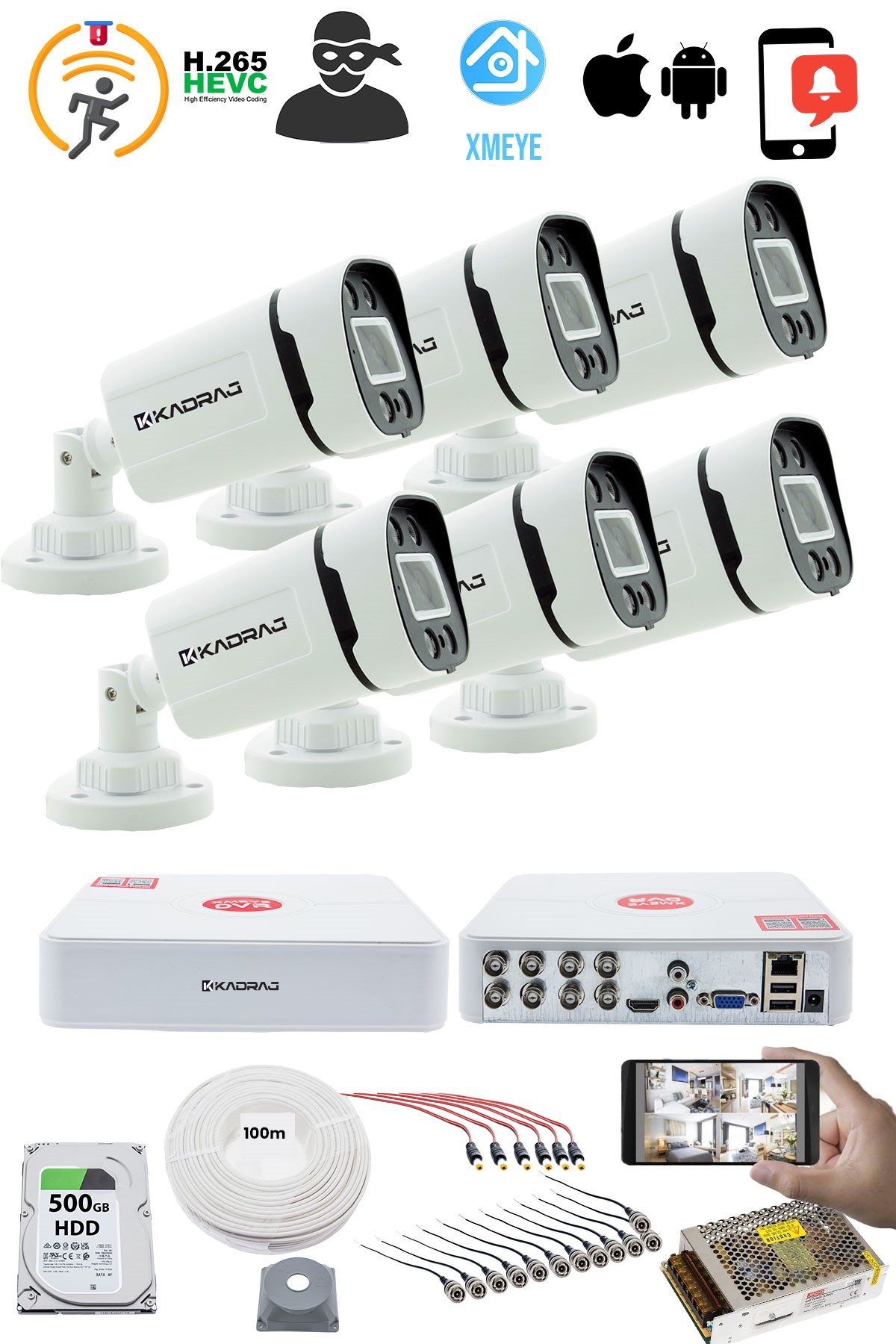 Kadraj 6 Kameralı Set 5MP Sony SecuLensli 1080P, 4 Warm LED, Gece Renkli, Full HD AHD Güvenlik Kamerası Seti, ColorVu, V1 - görsel 2