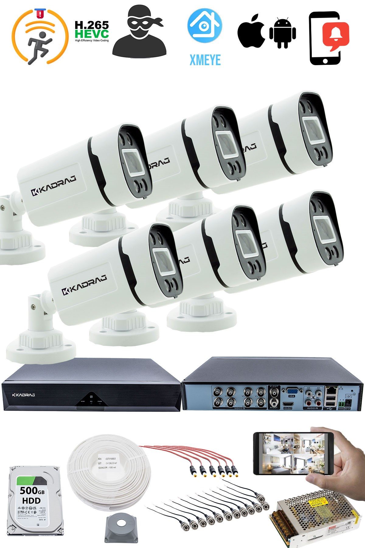 Kadraj 6 Kameralı Set 5MP Sony SecuLensli 1080P, 4 Warm LED, Gece Renkli, Full HD AHD Güvenlik Kamerası Seti, ColorVu, Plastik Kasa - görsel 2
