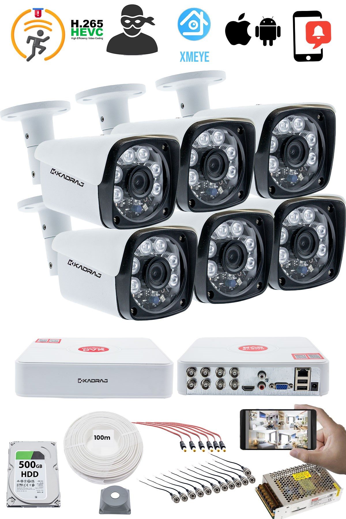 Kadraj 6 Kameralı Set 5MP Sony SecuLensli 1080P Full HD, 6 Atom LED, AHD Güvenlik Kamerası Seti, Gece Görüşlü, Metal Kasa - görsel 2