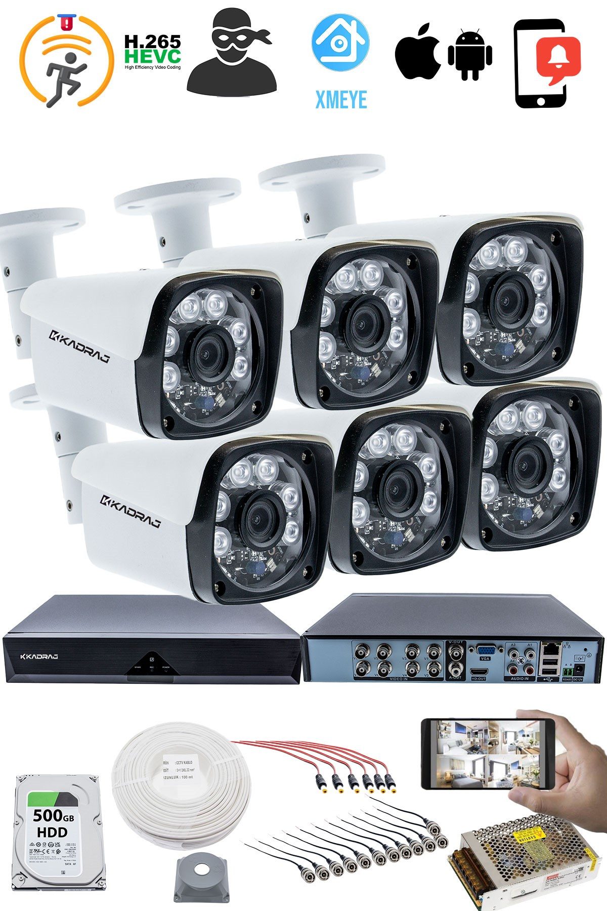 Kadraj 6 Kameralı Set 5MP Sony SecuLensli 1080P Full HD, 6 Atom LED, AHD Güvenlik Kamerası Seti, Gece Görüşlü, Metal Kasa - görsel 2