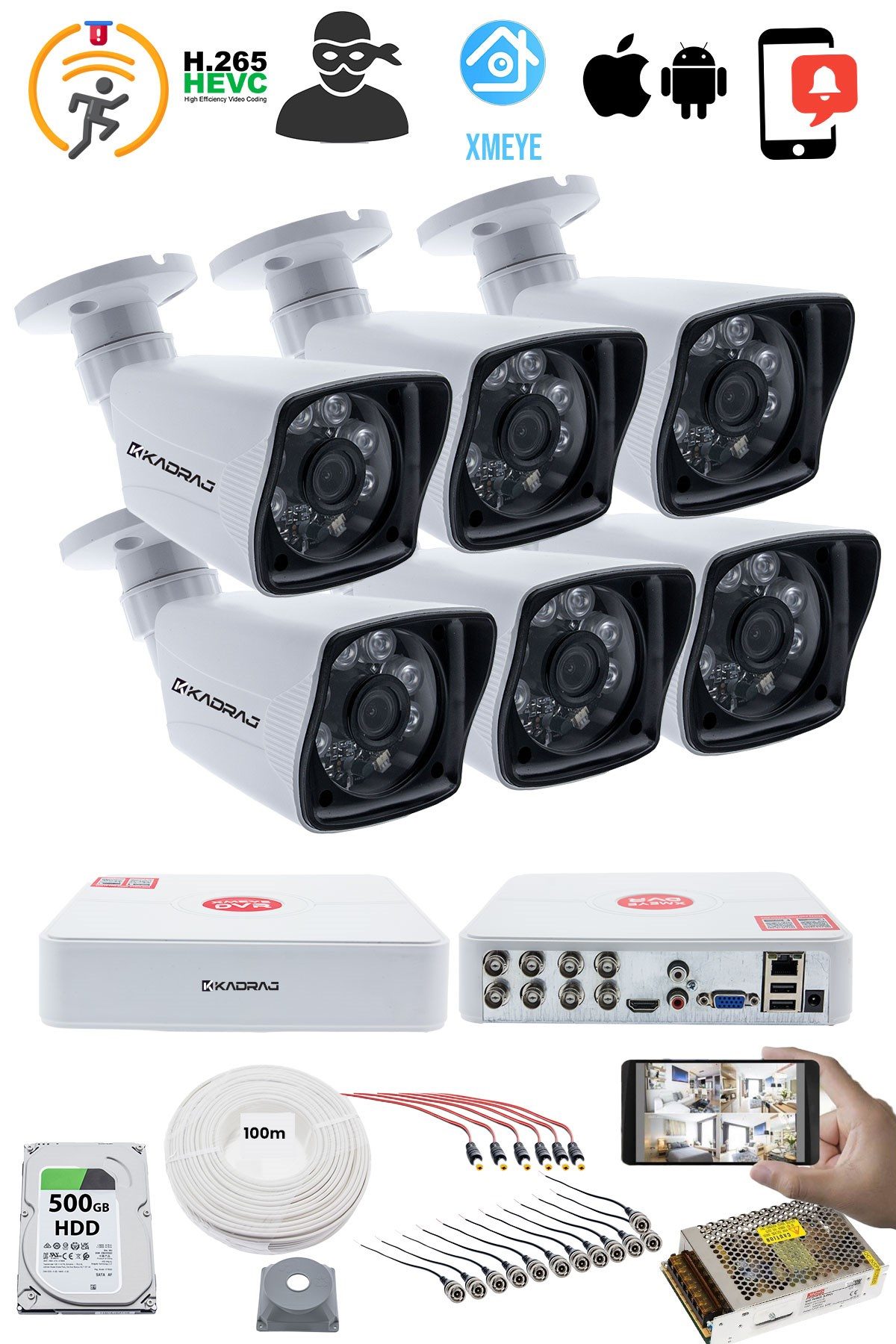 Kadraj 6 KAMERALI SET - 5MP Sony SecuLensli 1080P Full HD AHD, 6 Atom LED, Gece Görüşlü, IP66 Su Geçirmez, Güvenlik Kamerası, V1 - görsel 2