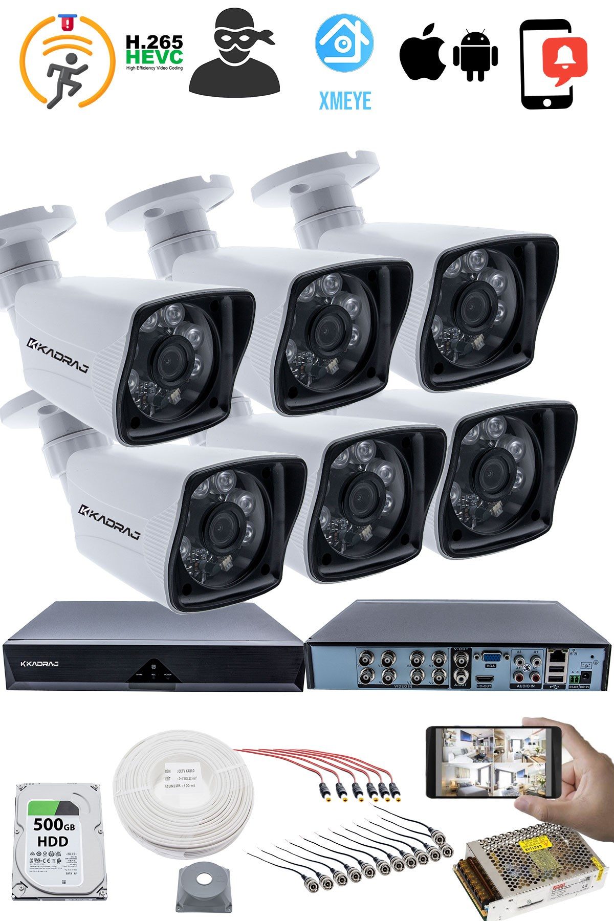 Kadraj 6 KAMERALI SET - 5MP Sony SecuLensli 1080P Full HD AHD, 6 Atom LED, Gece Görüşlü, IP66 Su Geçirmez, Güvenlik Kamerası, Plastik Kasa - görsel 2