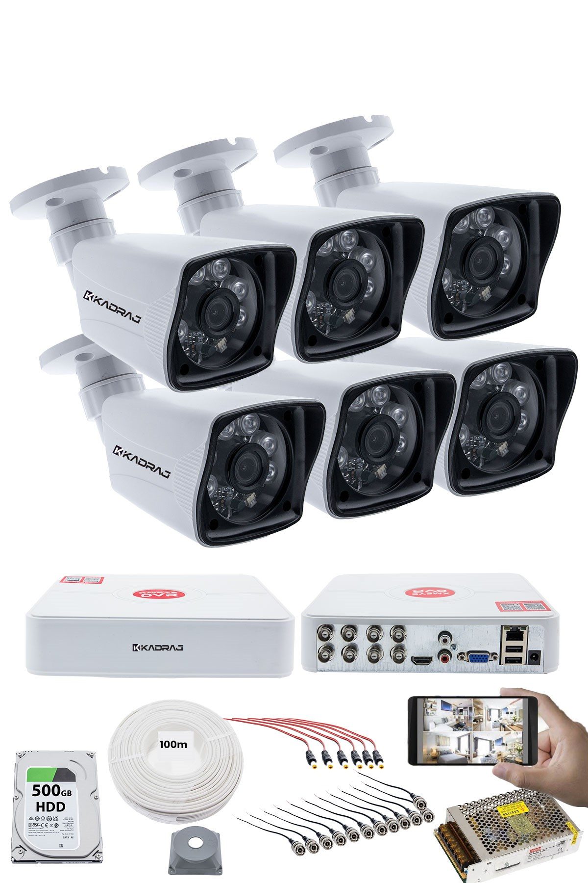 Kadraj 6 KAMERALI SET - 5MP Sony SecuLensli 1080P Full HD AHD, 6 Atom LED, Gece Görüşlü, IP66 Su Geçirmez, Güvenlik Kamerası, V1