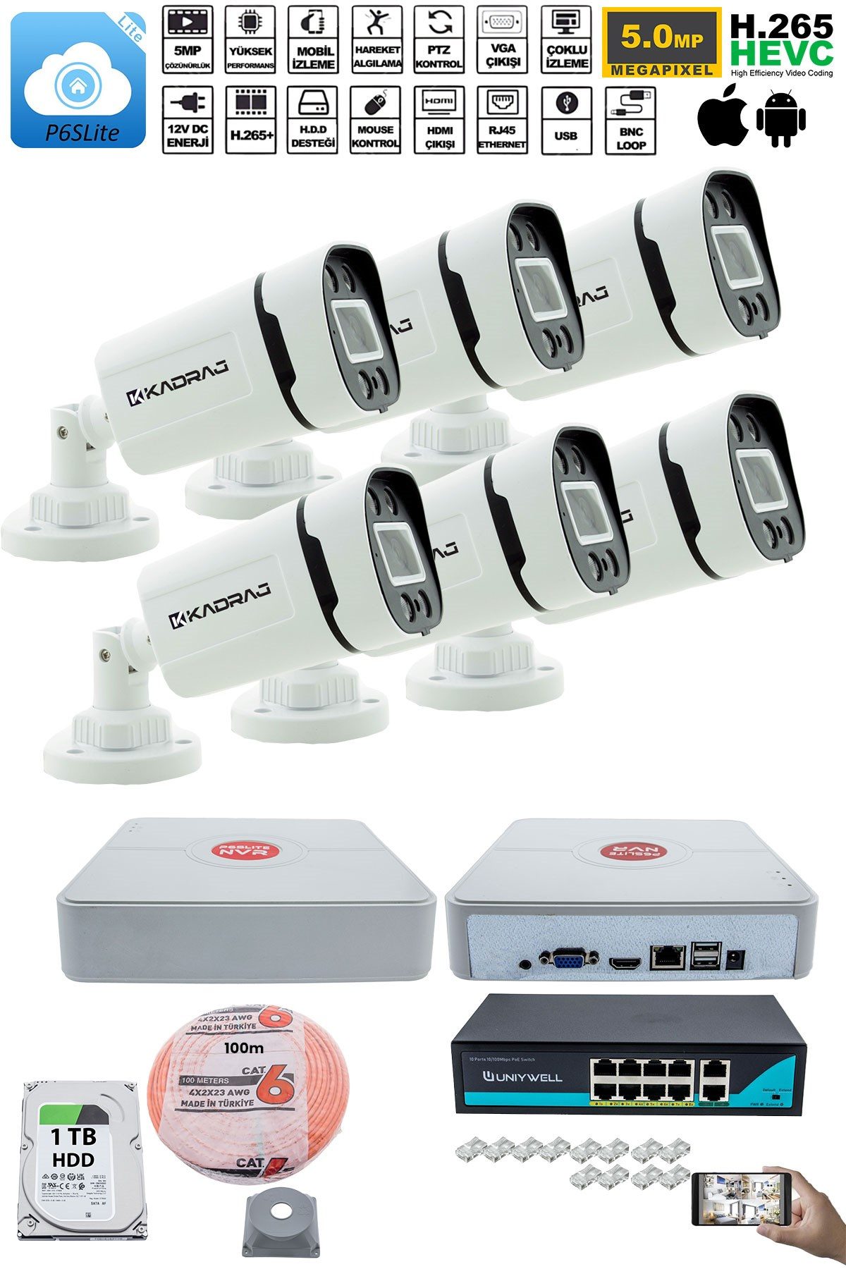 Kadraj 6'lı Güvenlik IP Kamera Seti - 4MP Dış Mekan Kamera, 3.6mm Lens, H.265, PoE, Warm IR Gece Görüşü, 9 Kanal NVR, 8 Port PoE Switch, 1TB HDD ve 100 Metre - görsel 2